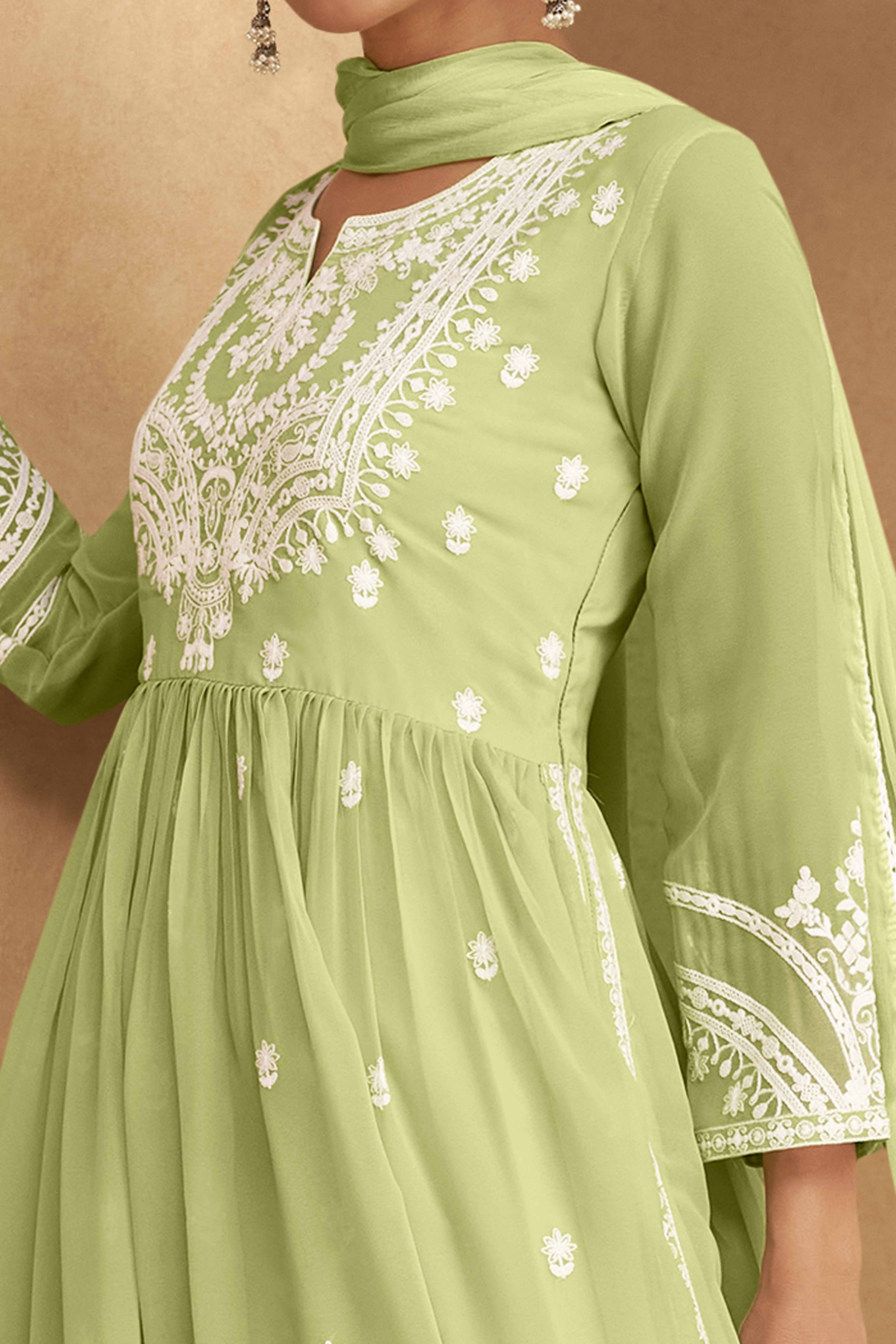Green Rayon Palazzo Suit with Intricate Lucknowi Work