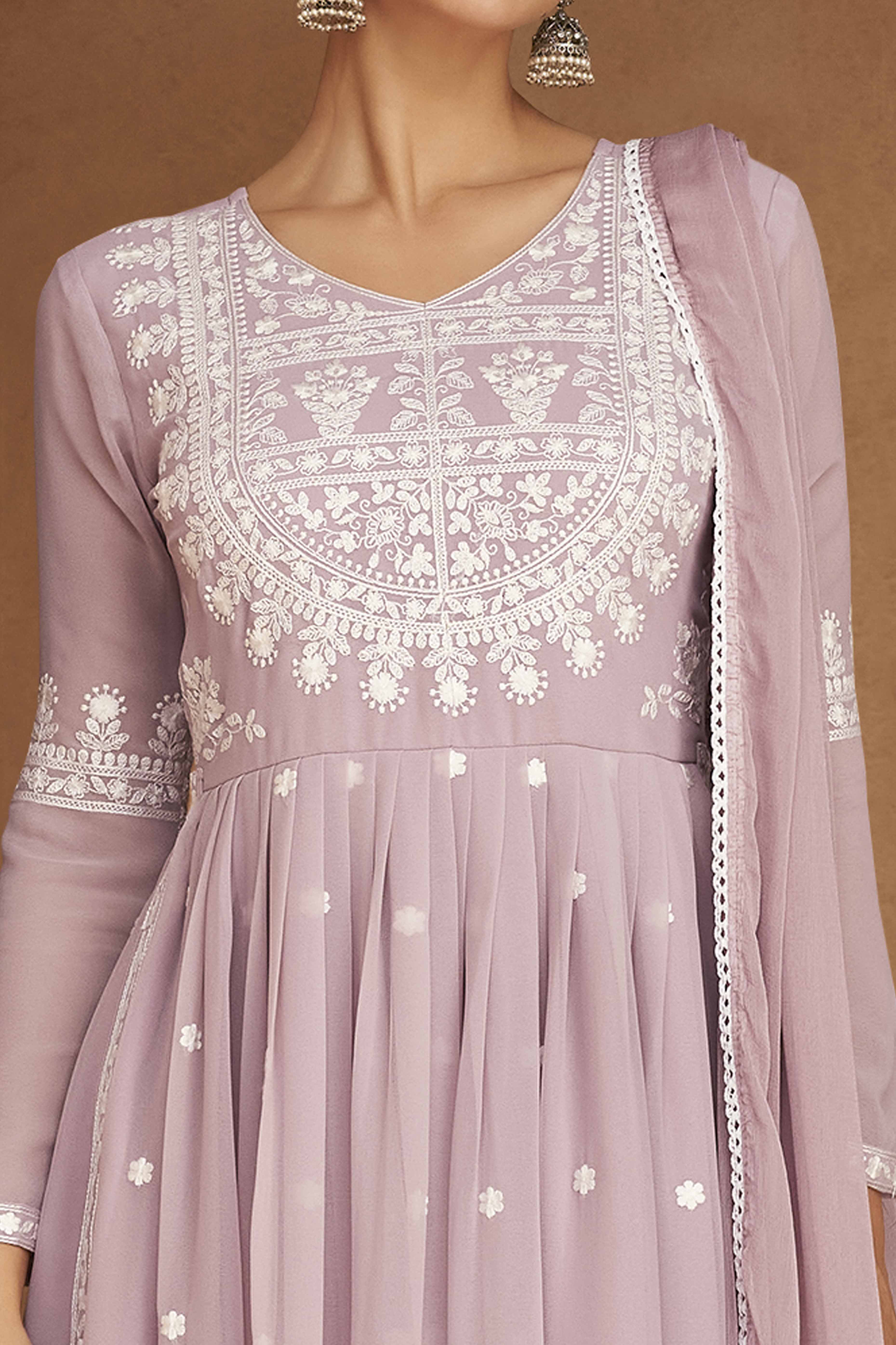 Lavender Rayon Palazzo Suit with Intricate Lucknowi Work