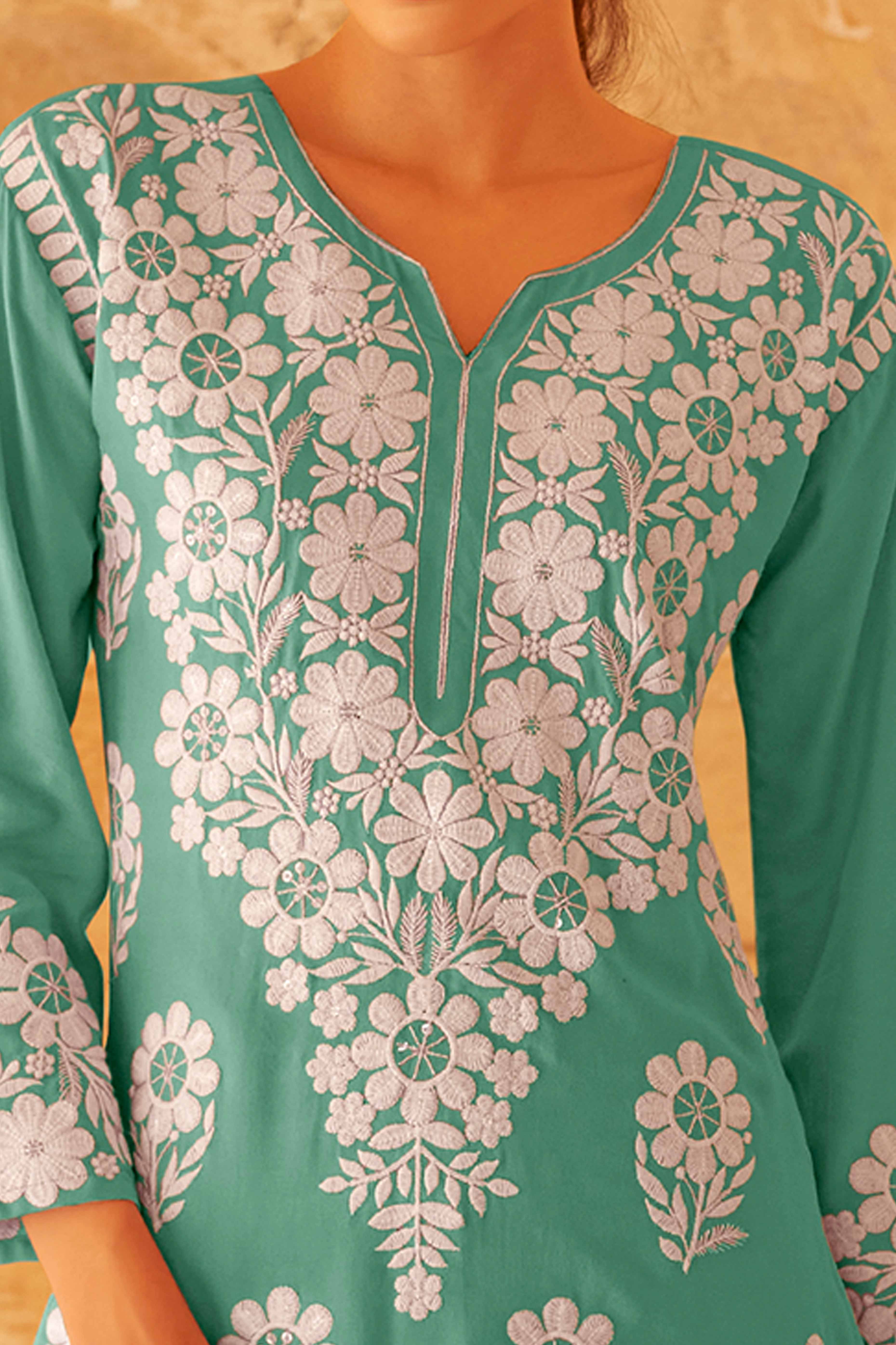 Floral Embroidered Rama Green Rayon Co-Ord Set for Casual Wear