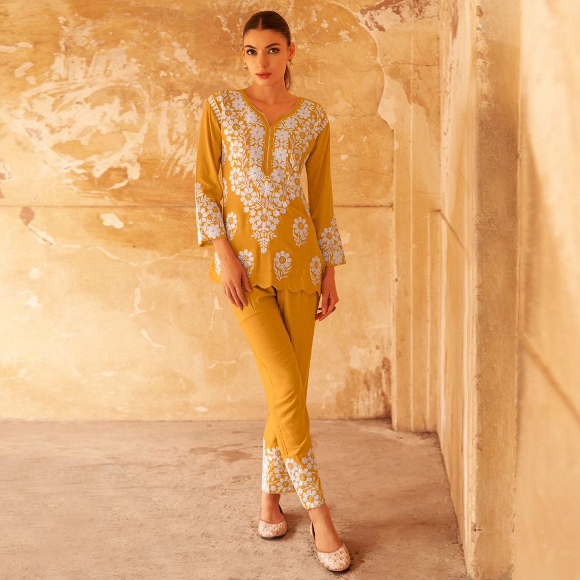 Mustard Floral Embroidered Rayon Co Ord Set