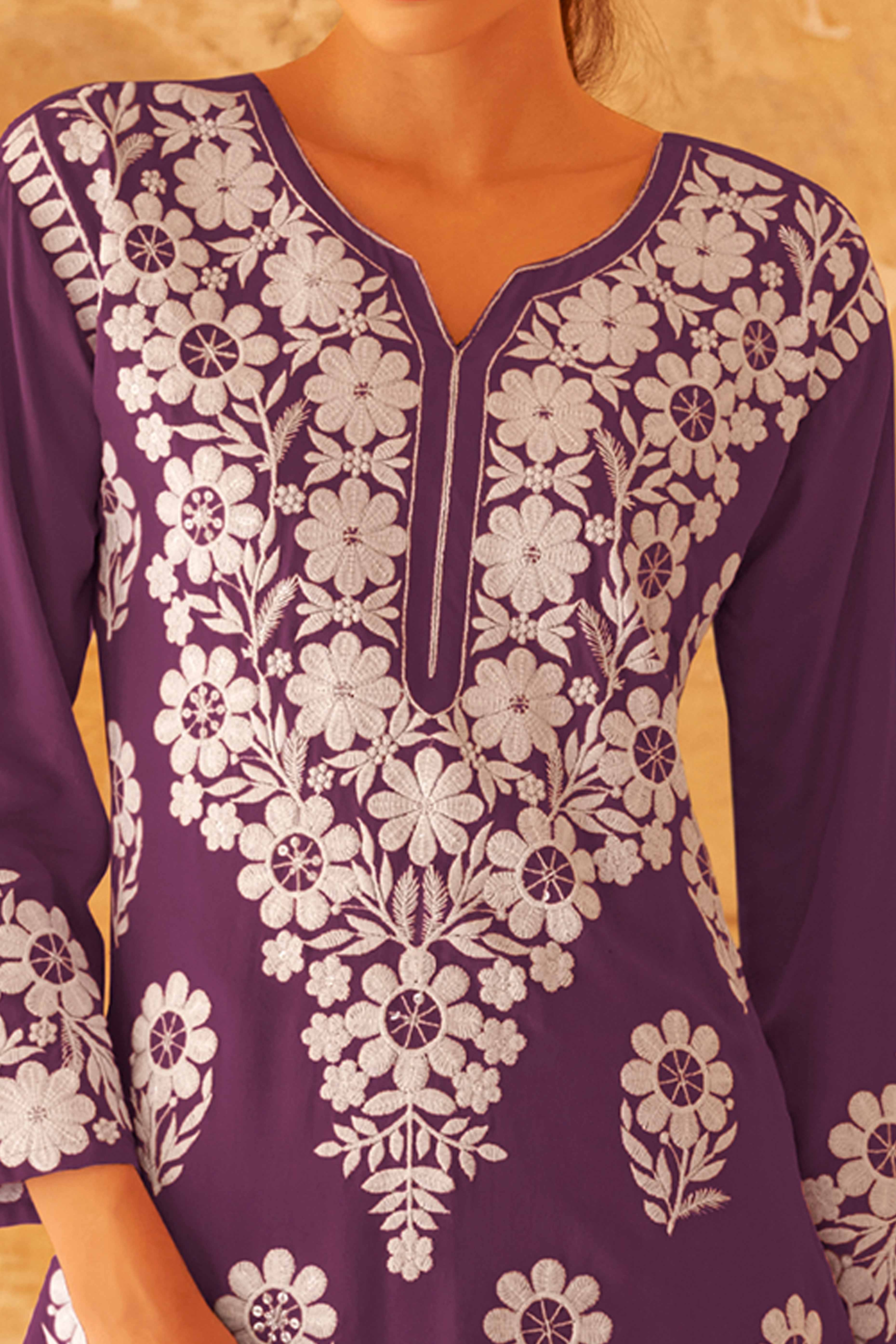 Purple Floral Embroidered Matching Set in Soft Rayon Fabric