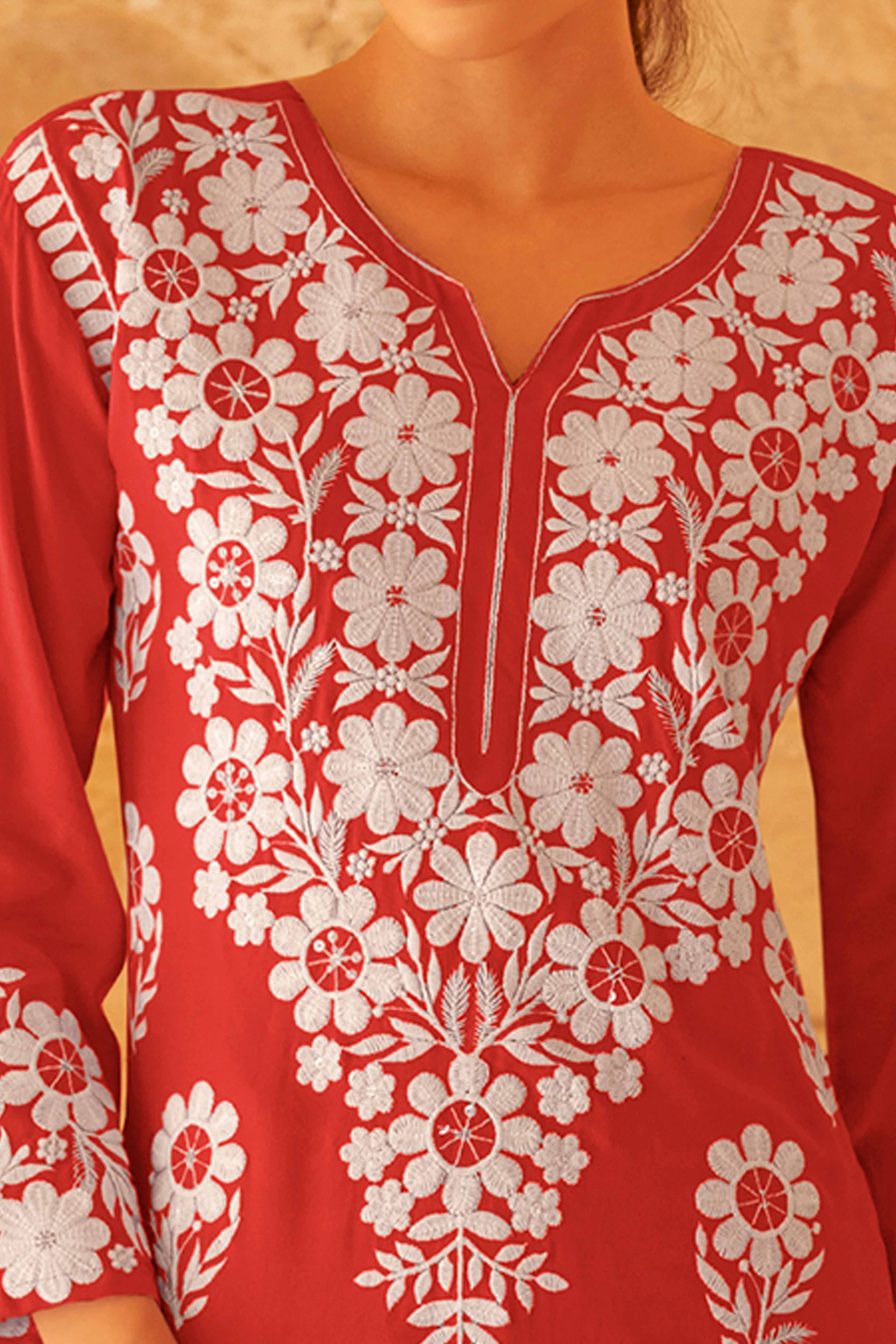Red Floral Embroidered Matching Set in Soft Rayon Fabric