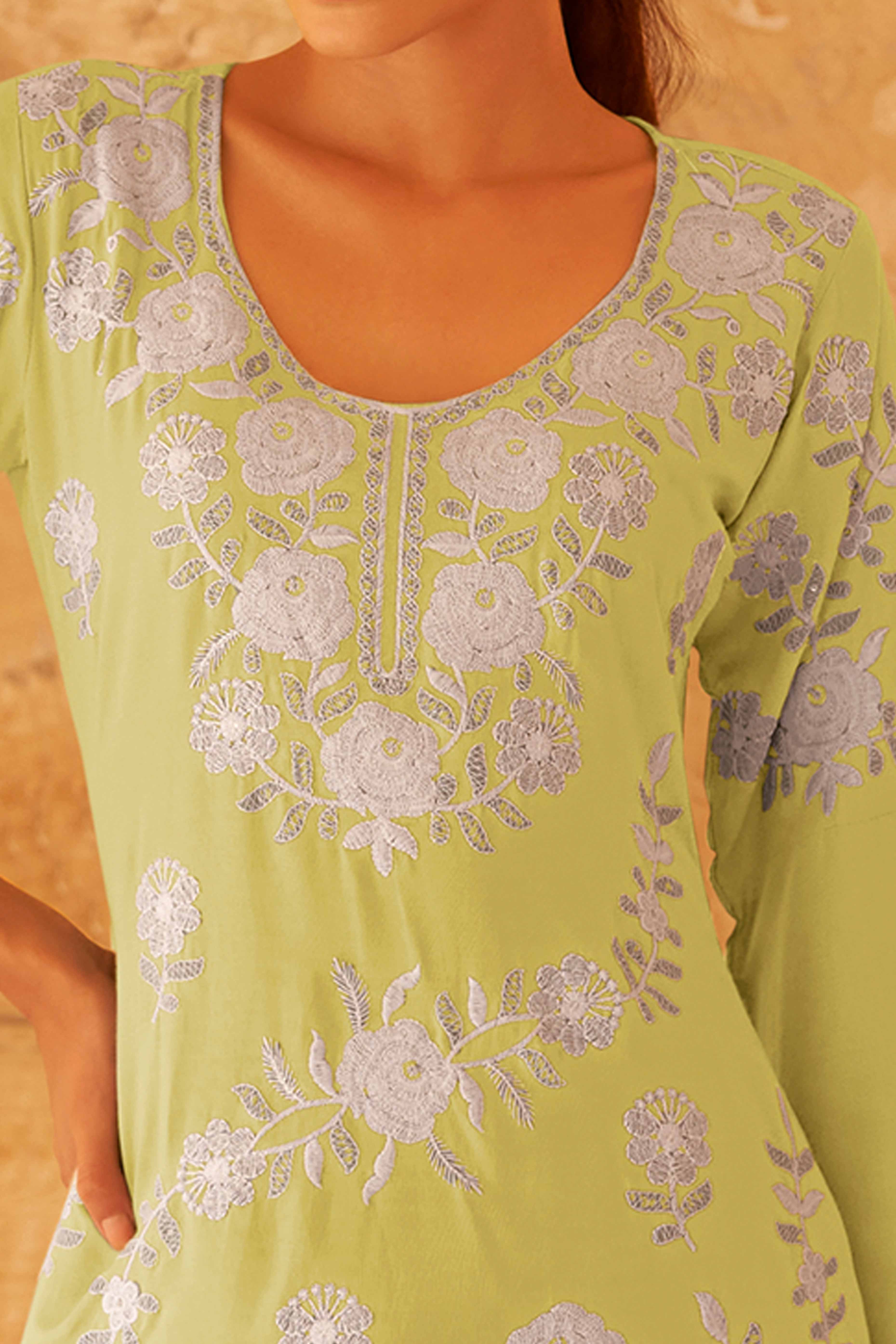 Lime Green Rayon Co-Ord Set with Elegant Floral Embroidery