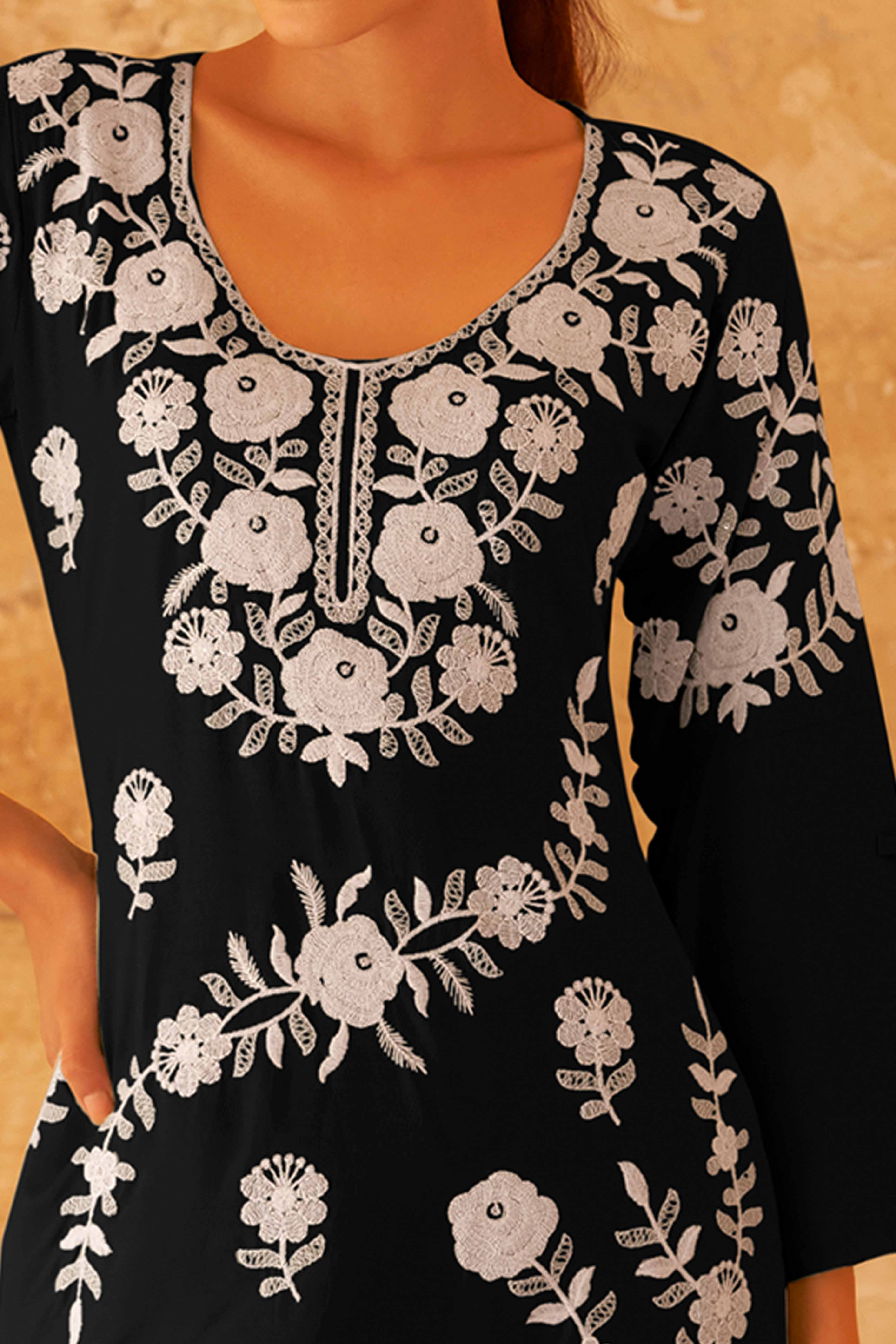 Black Co-Ord Set in Rayon with Delicate Floral Embroidery