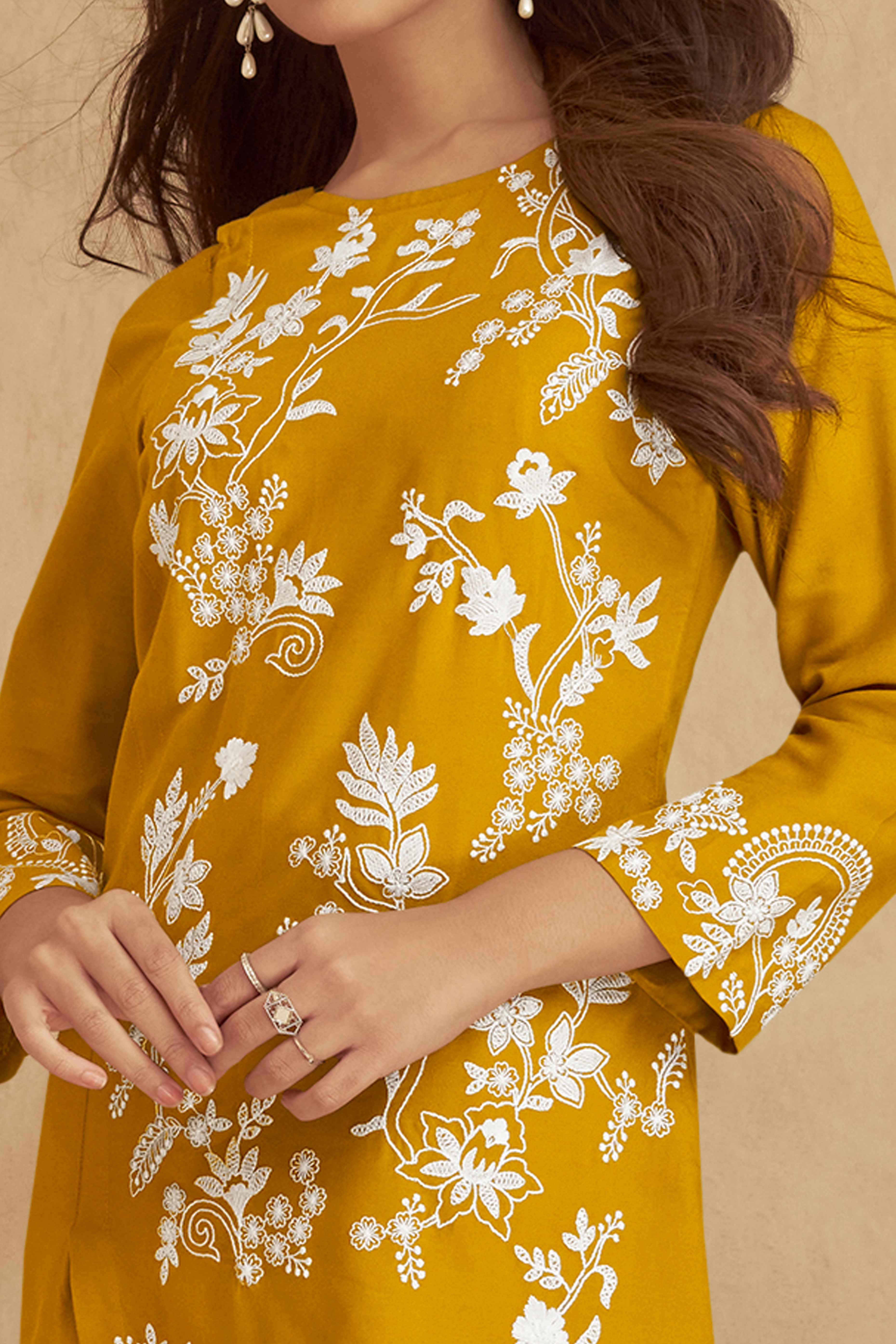 Floral Embroidered Mustard Rayon Co-Ord Set for Effortless Style