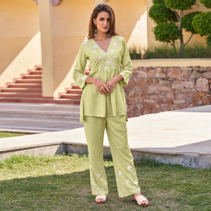 Pista Green Floral Embroidered Rayon Co Ord Set