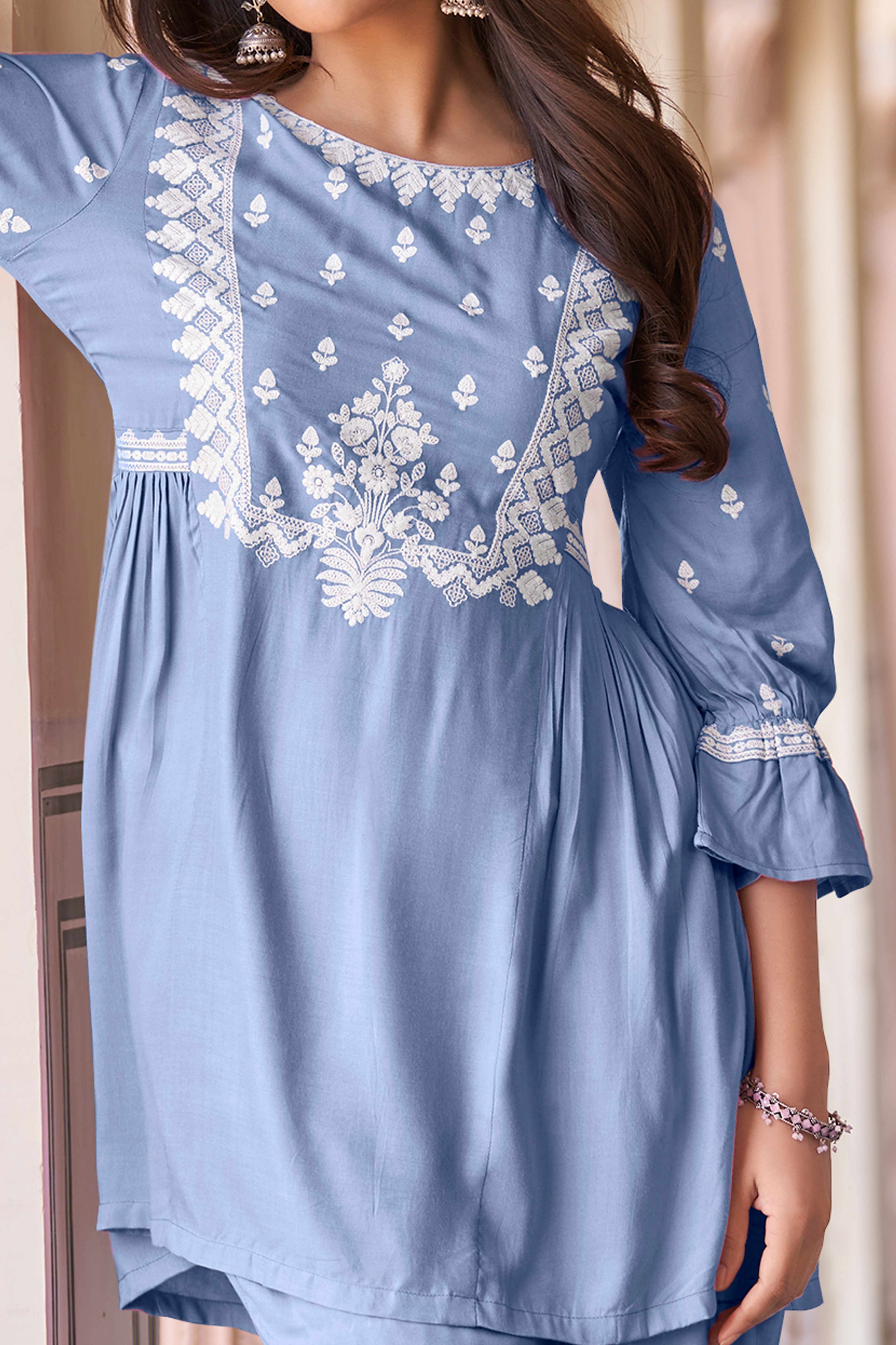 Sky Blue Rayon Top-Bottom Co-Ord with Delicate Embroidery