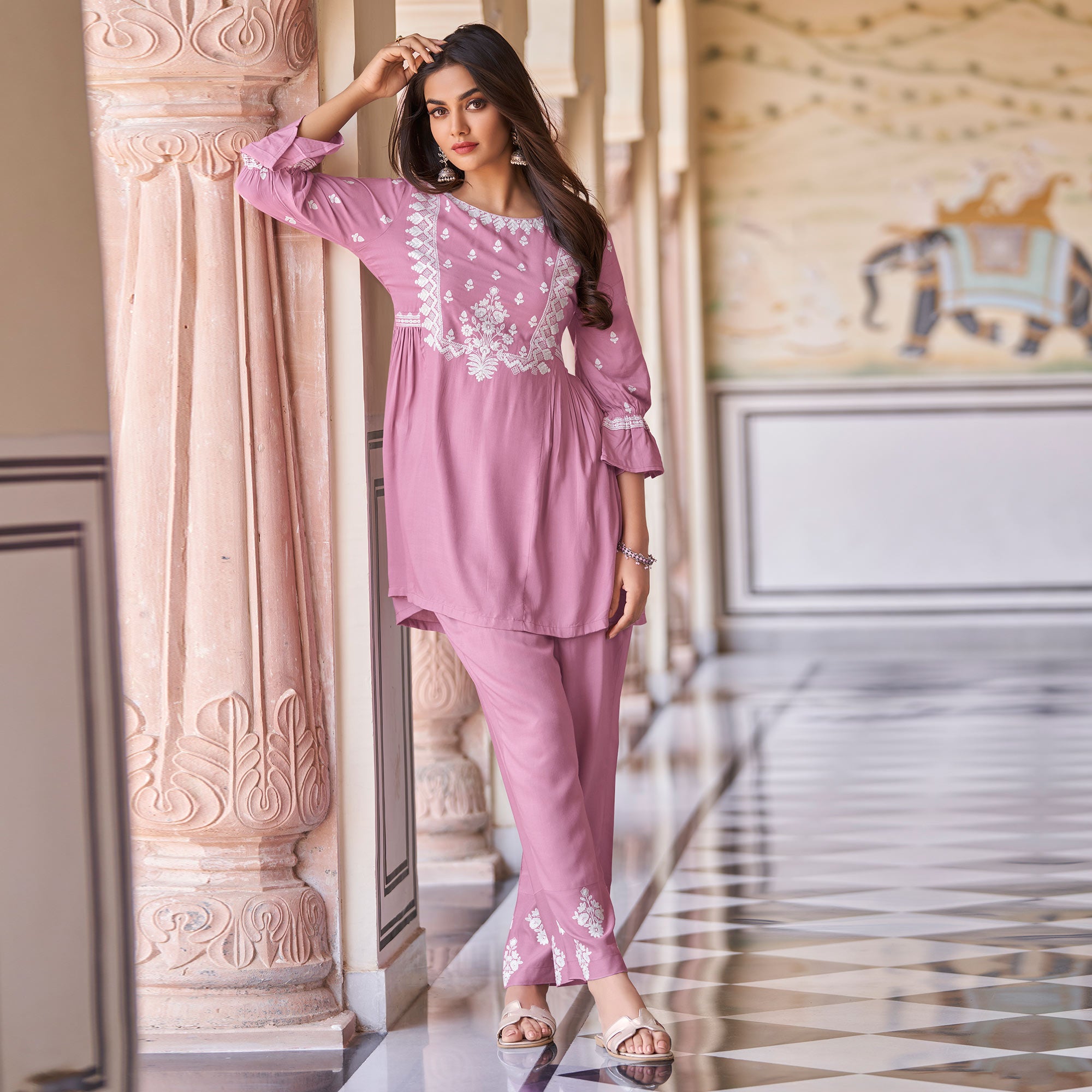 Light Pink Floral Embroidered Rayon Co Ord Set