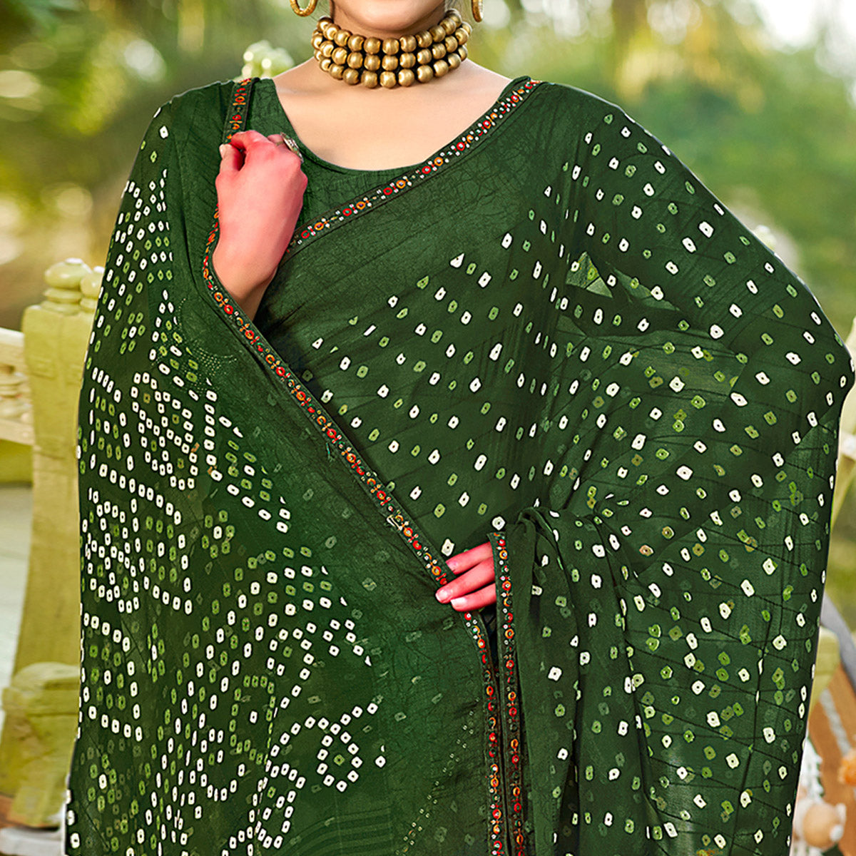 Green Bandhani Printed Georgette Saree