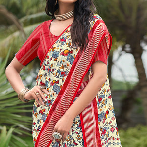 Cream & Red Floral Printed Chiffon Saree