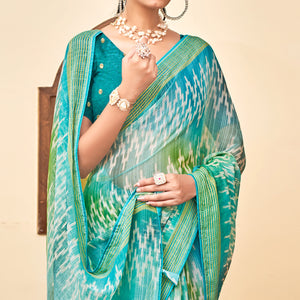 Blue & Green Ikkat Printed Chiffon Saree