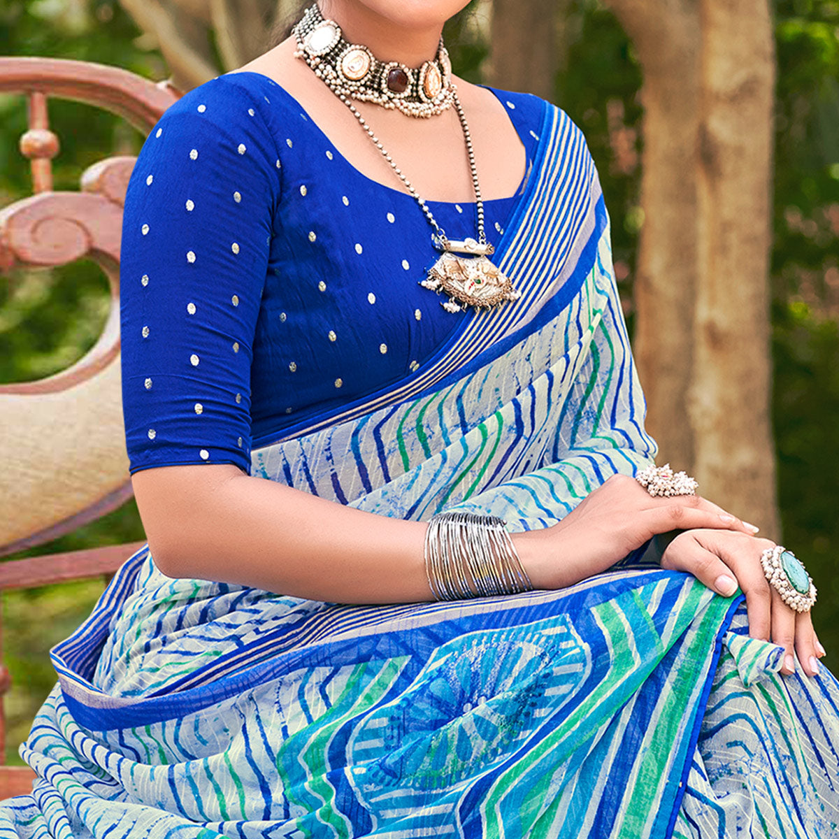 Blue Leheriya Printed Chiffon Saree