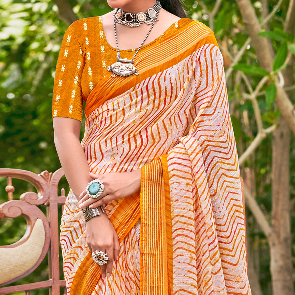 Mustard Leheriya Printed Chiffon Saree