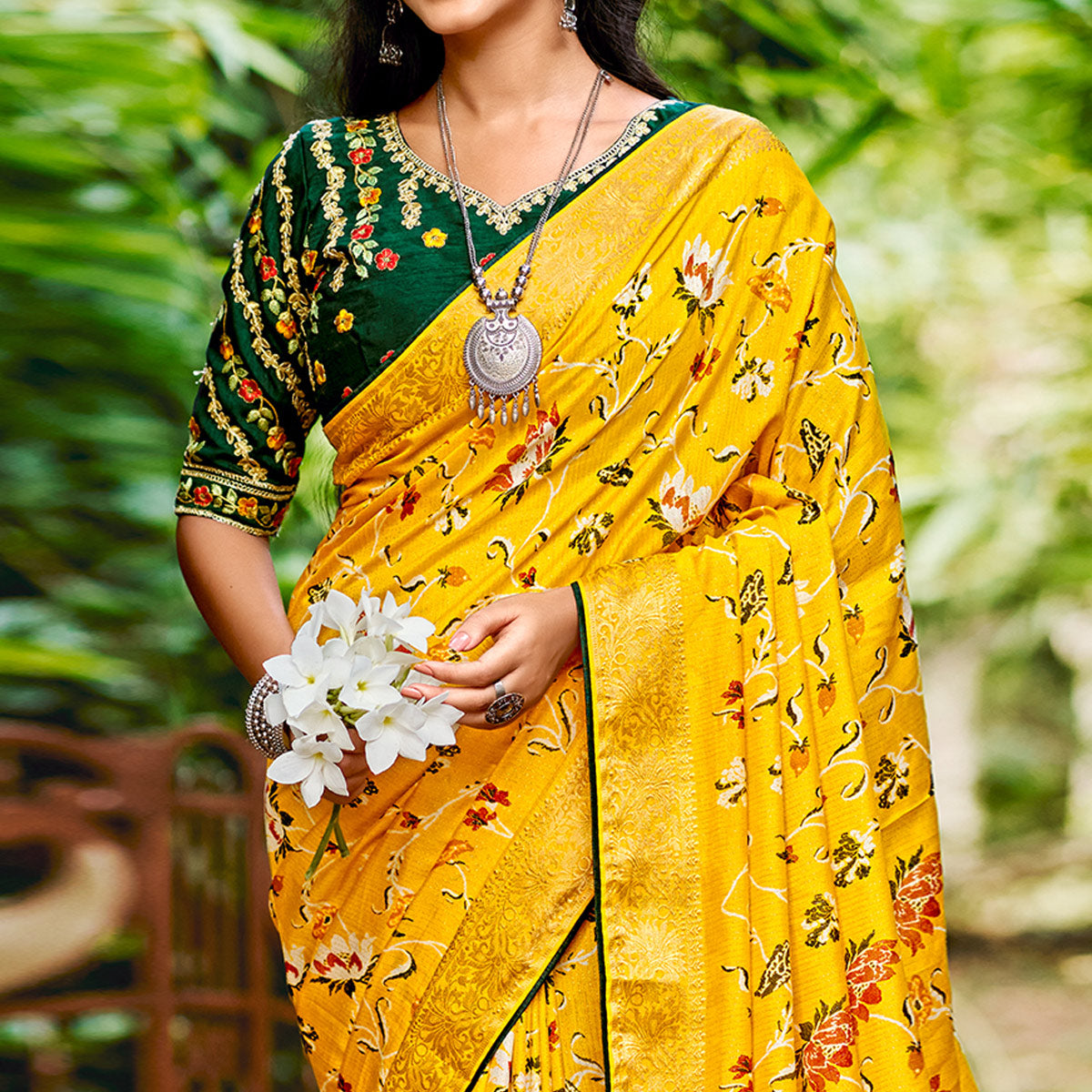 Yellow Floral Woven Dola Silk Saree With Tassels