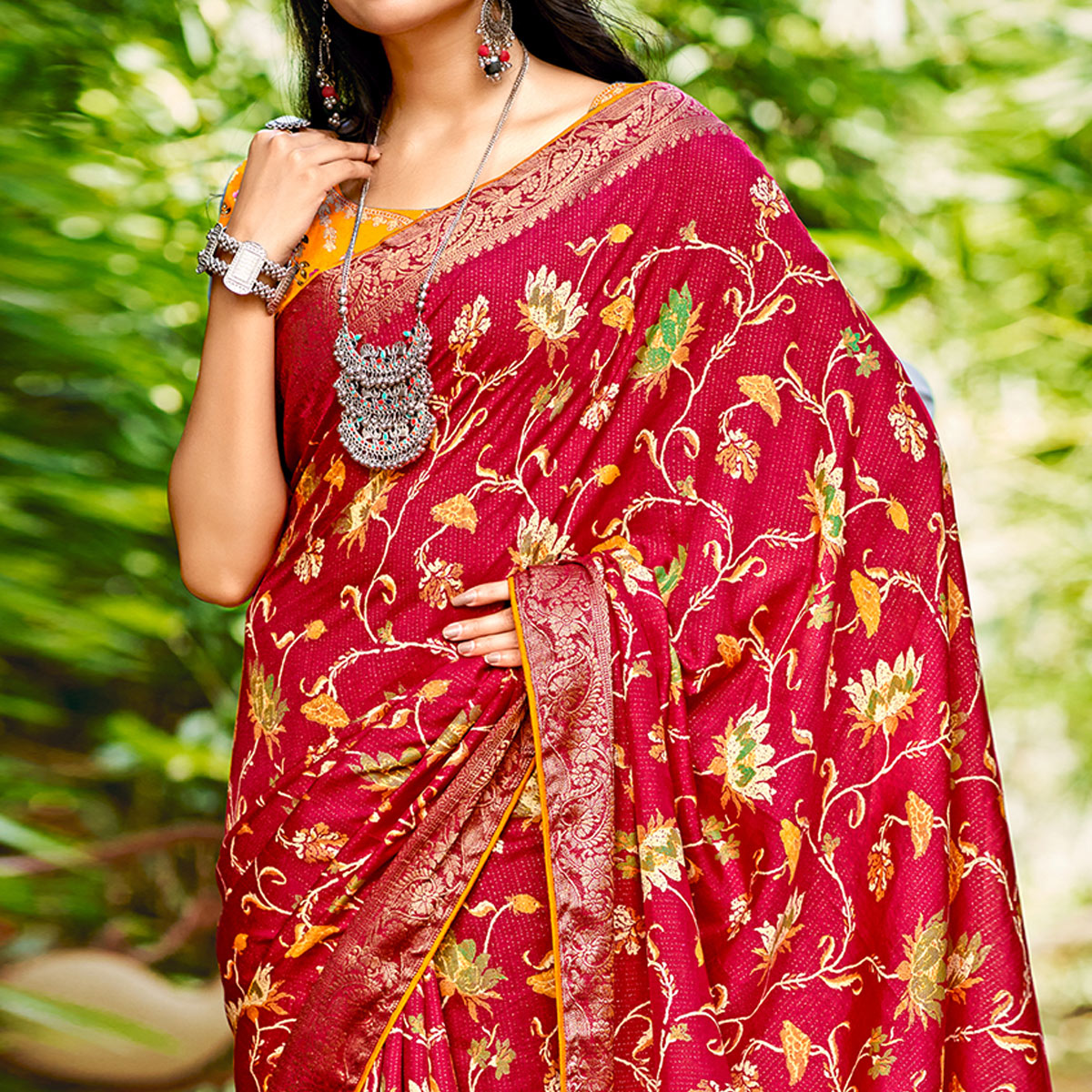 Red Floral Woven Dola Silk Saree With Tassels