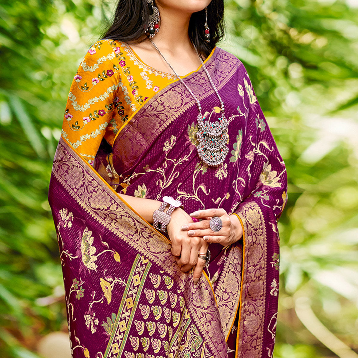 Purple Floral Woven Dola Silk Saree With Tassels