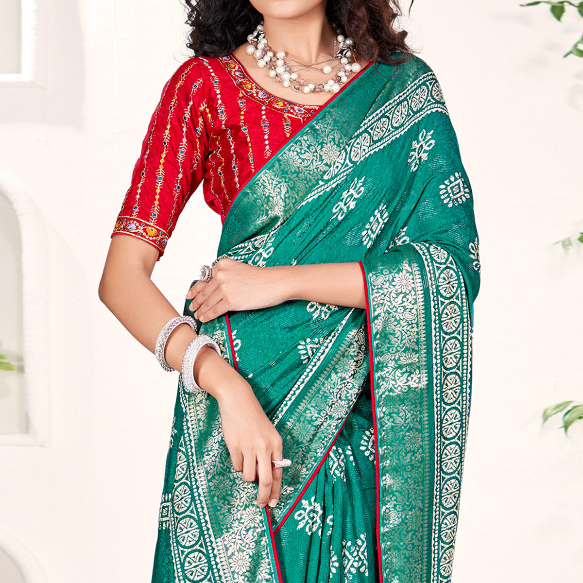 Rama Green Floral Printed Dola Silk Saree