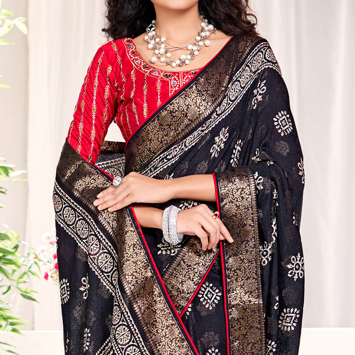 Black Floral Printed Dola Silk Saree