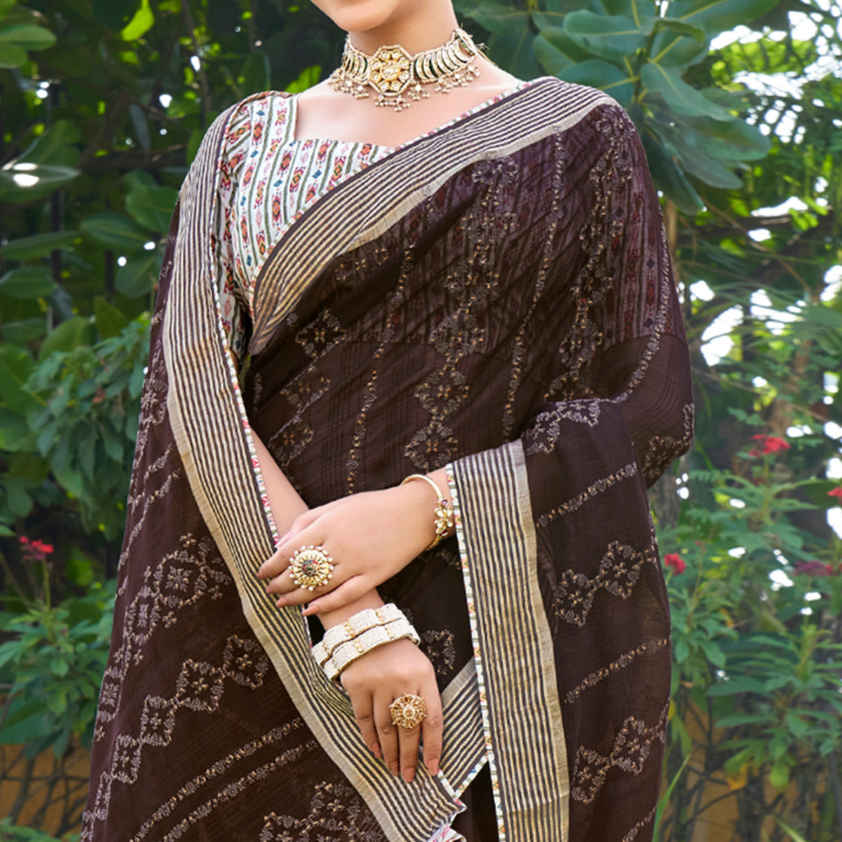Brown Printed Chiffon Saree
