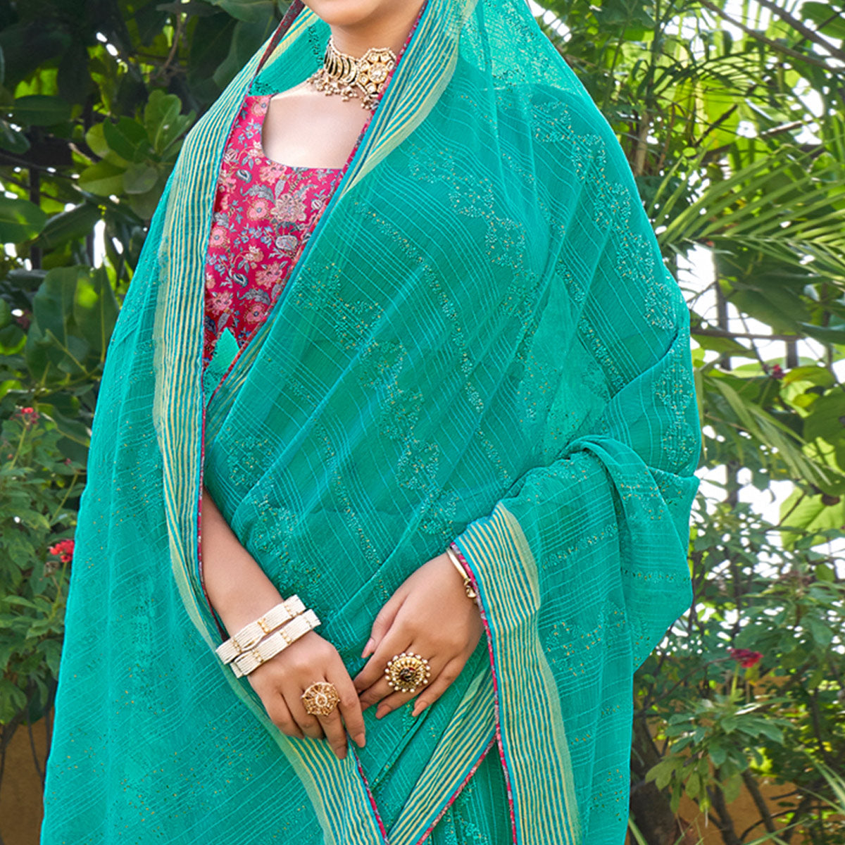 Rama Green Printed Chiffon Saree