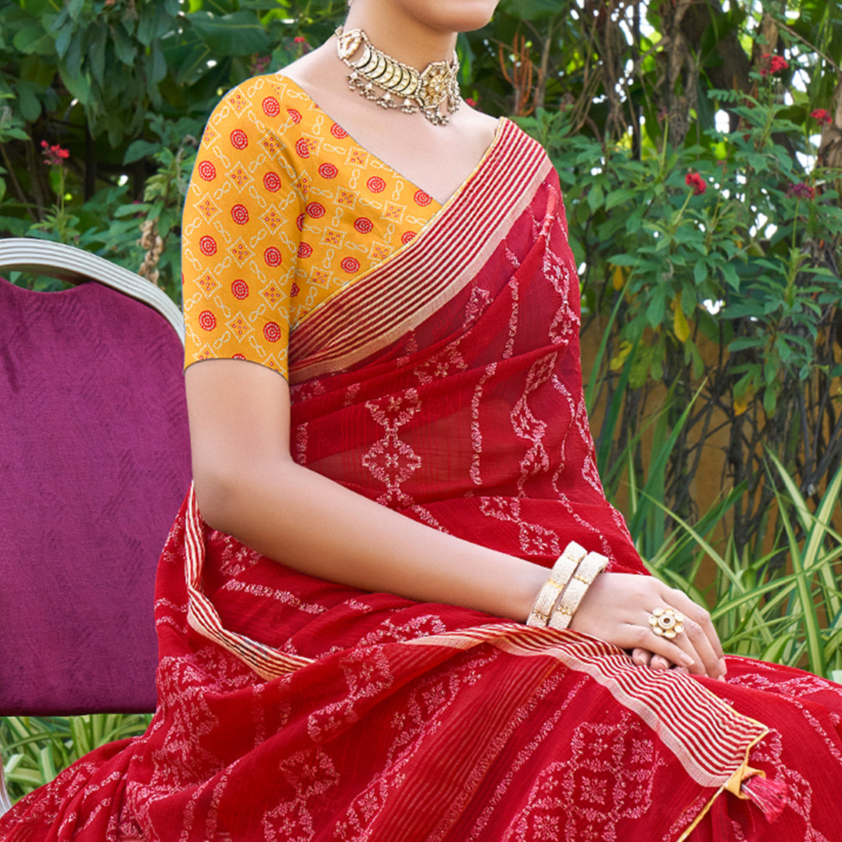 Red Printed Chiffon Saree