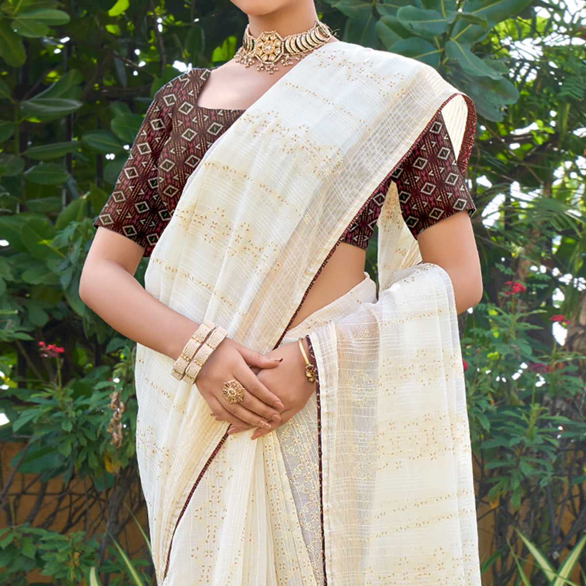 Off White Printed Chiffon Saree