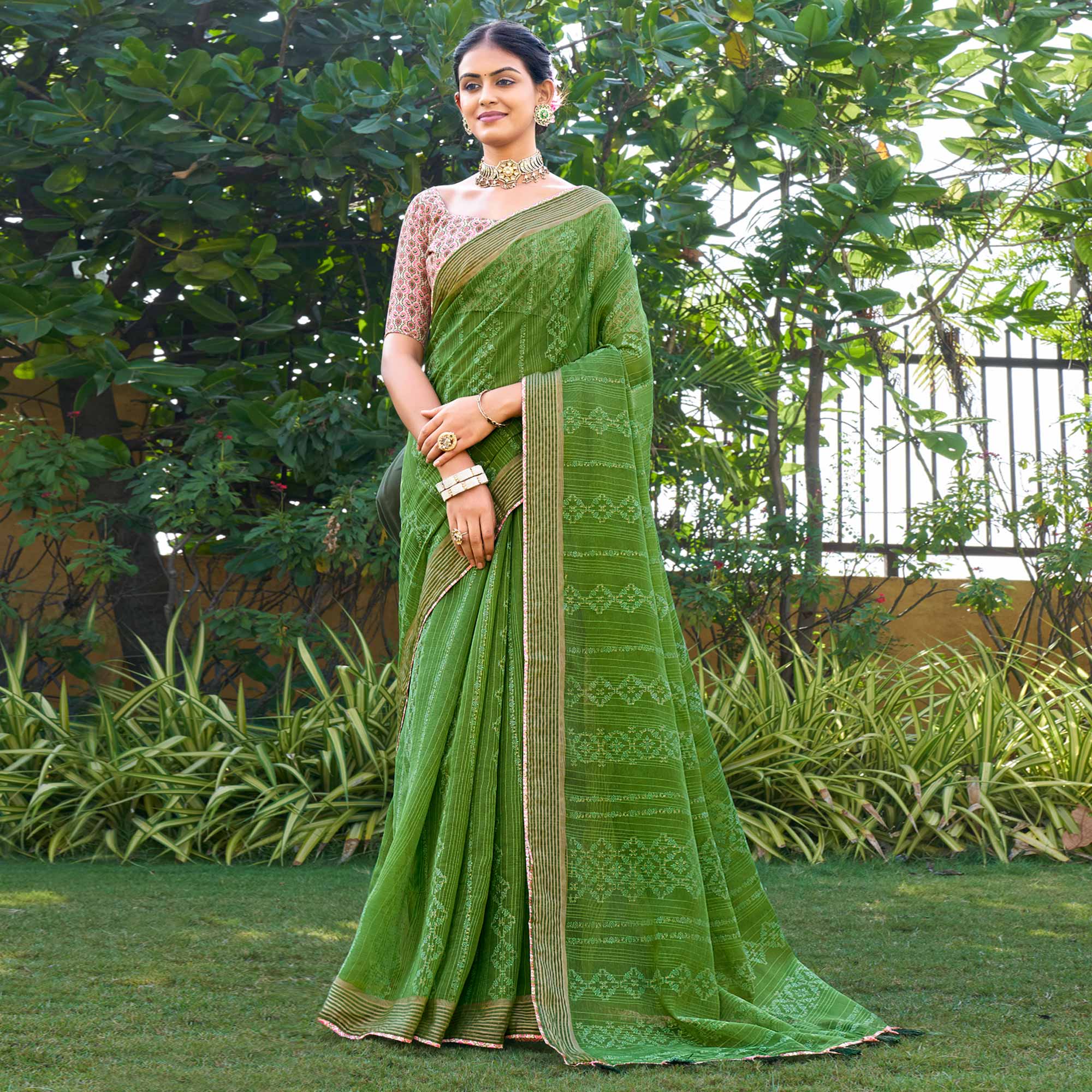 Green Printed Chiffon Saree