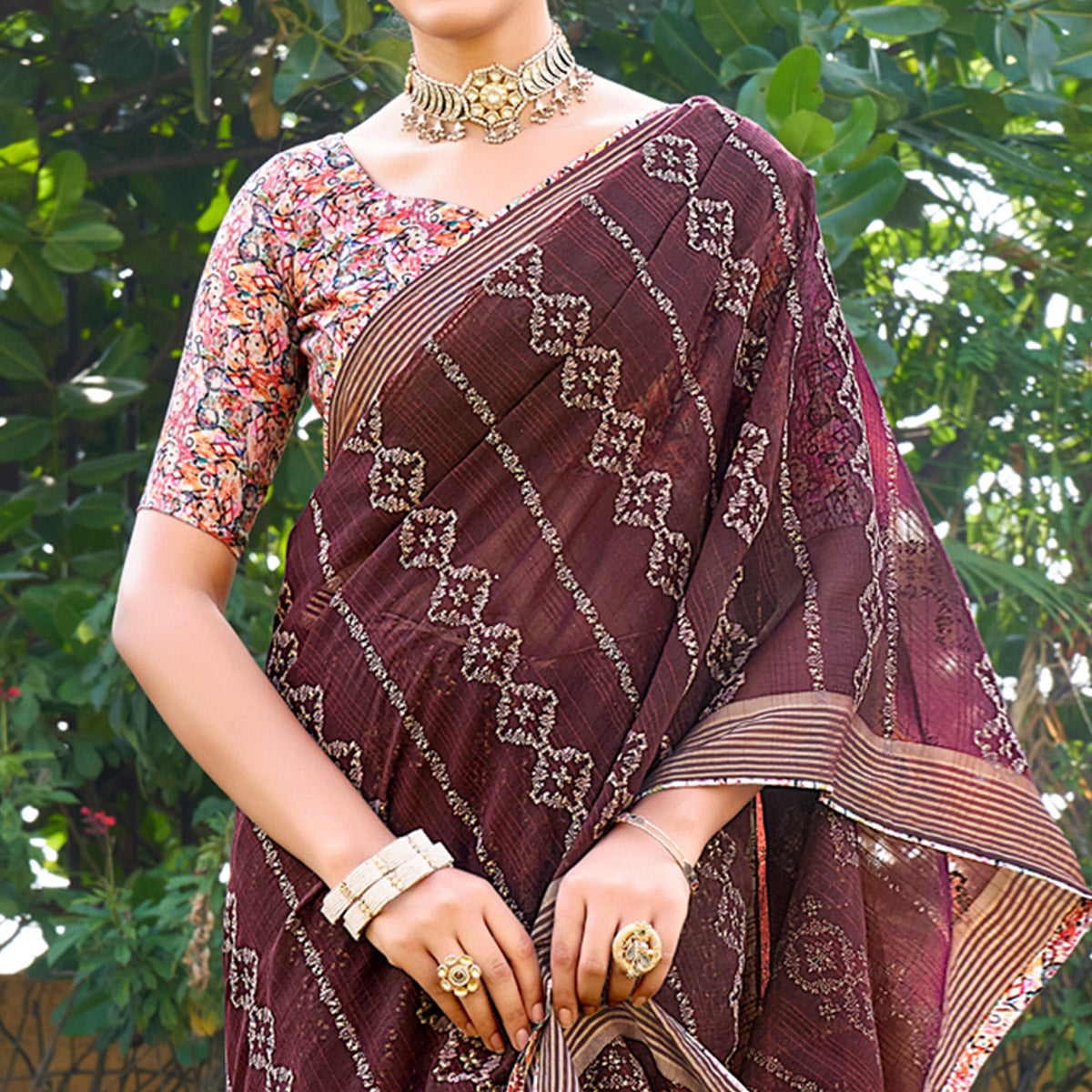 Coffee Brown Printed Chiffon Saree