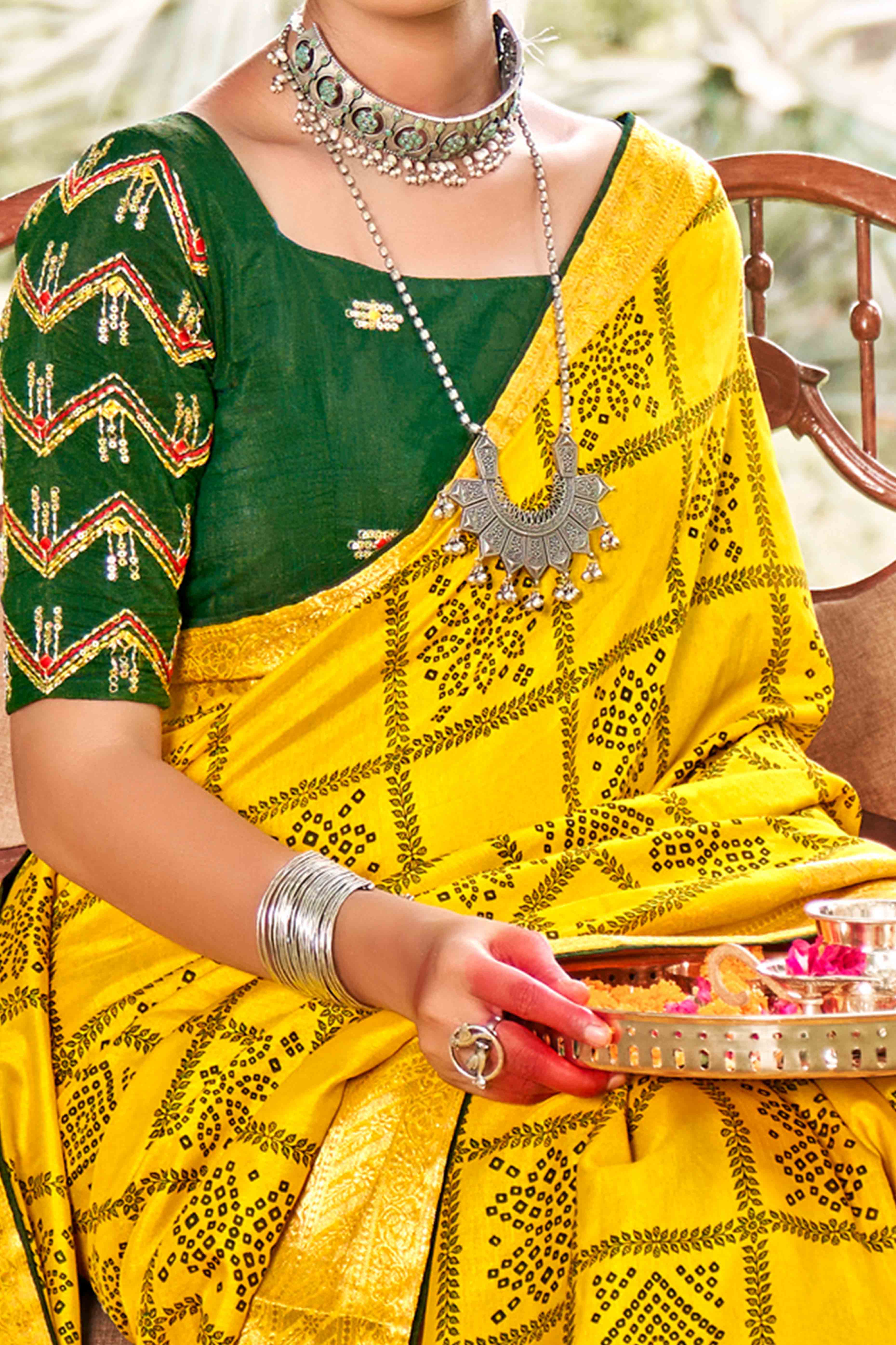 Yellow Bandhani Printed Dola Silk Saree With Jacquard Border