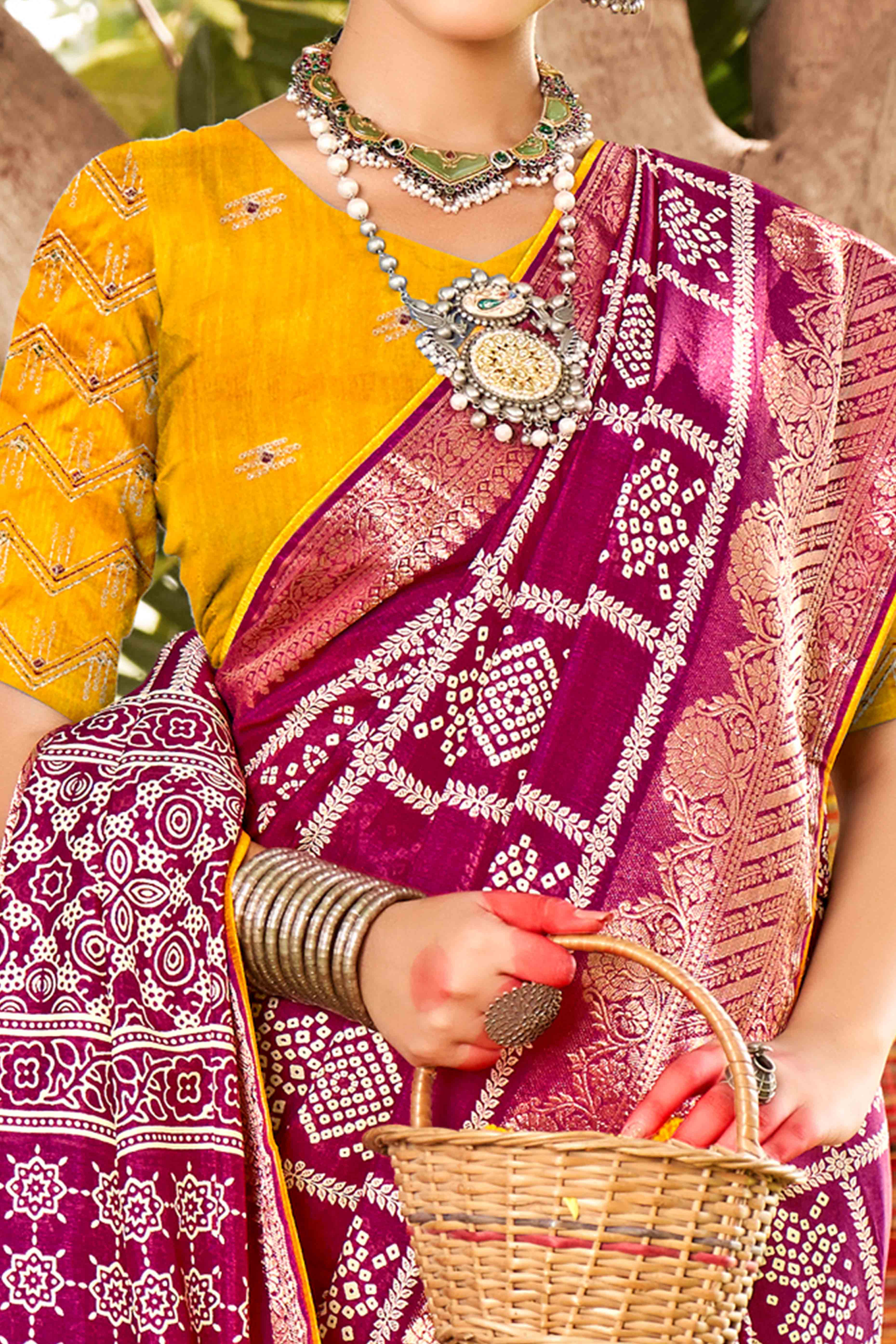 Magenta Bandhani Printed Dola Silk Saree With Jacquard Border