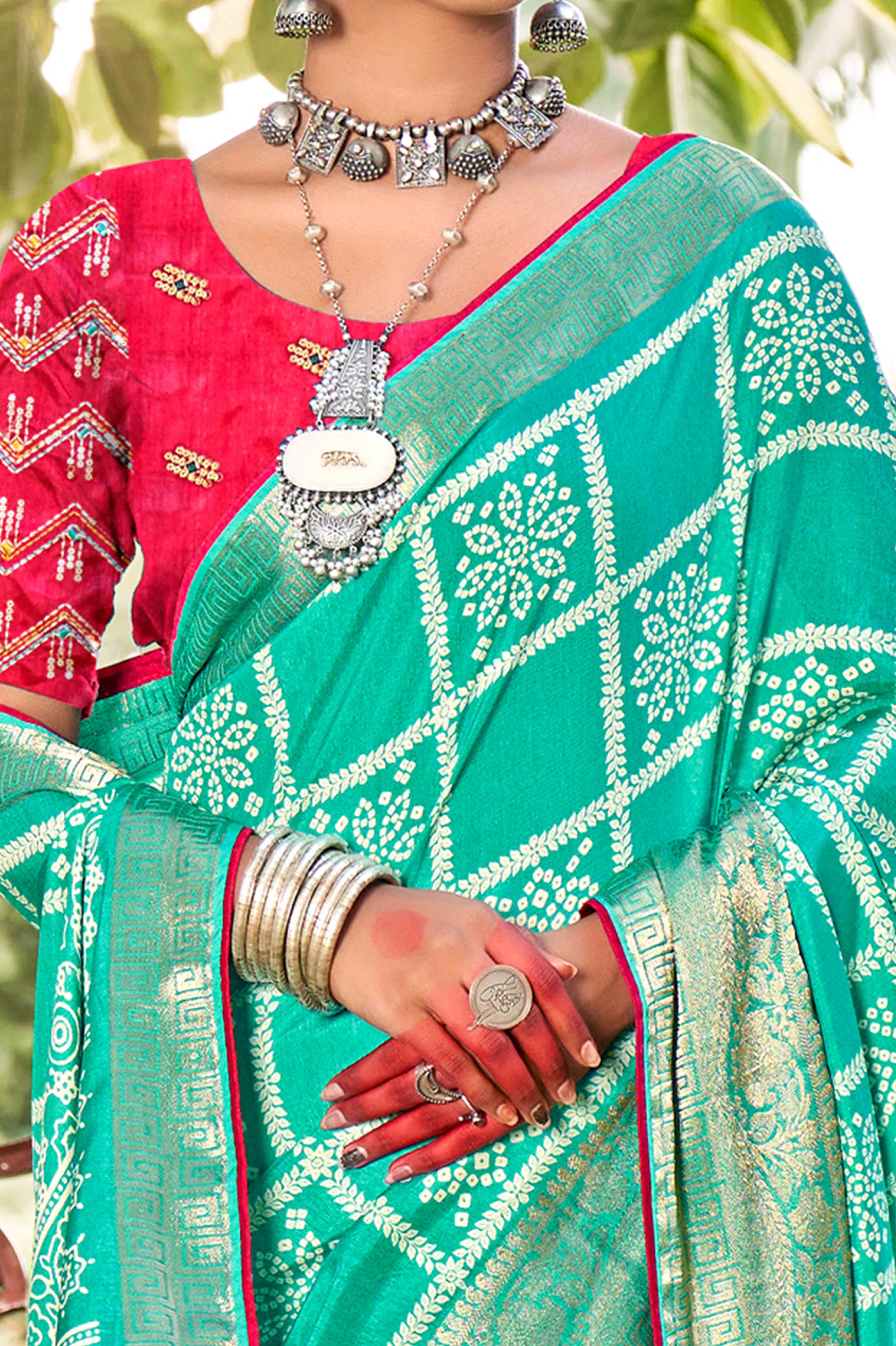 Turquoise Bandhani Printed Dola Silk Saree With Jacquard Border