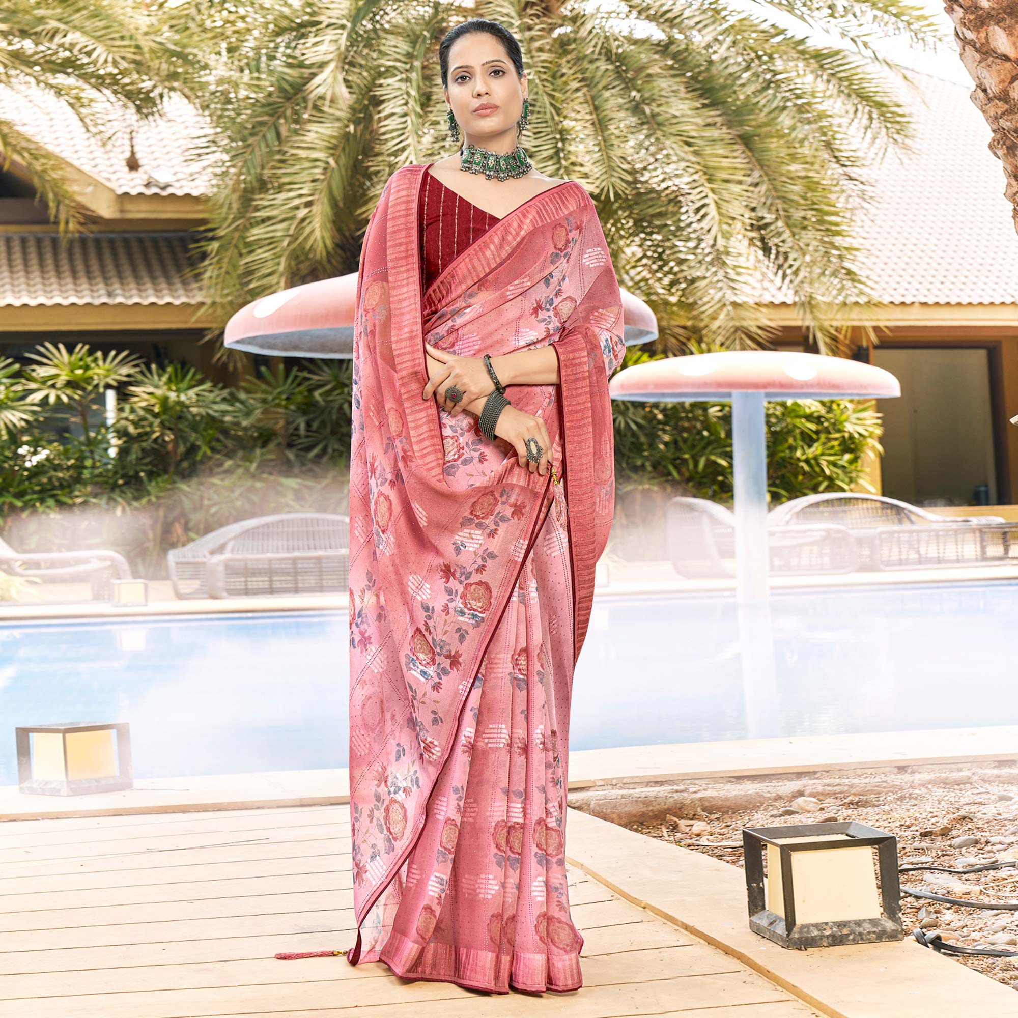 Red Printed Georgette Saree With Swarovski Work