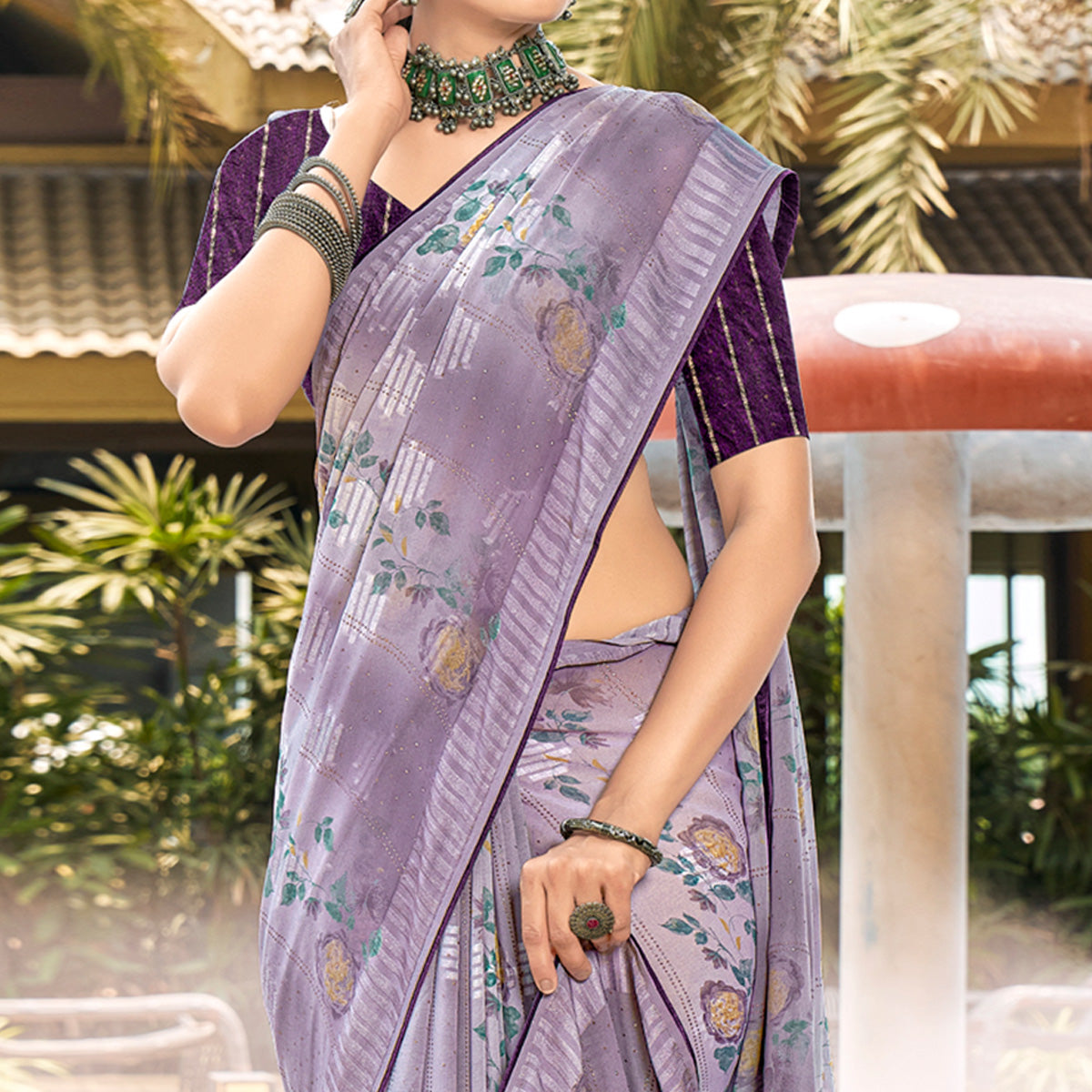 Dusty Violet Printed Georgette Saree With Swarovski Work