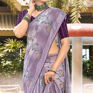 Dusty Violet Printed Georgette Saree With Swarovski Work