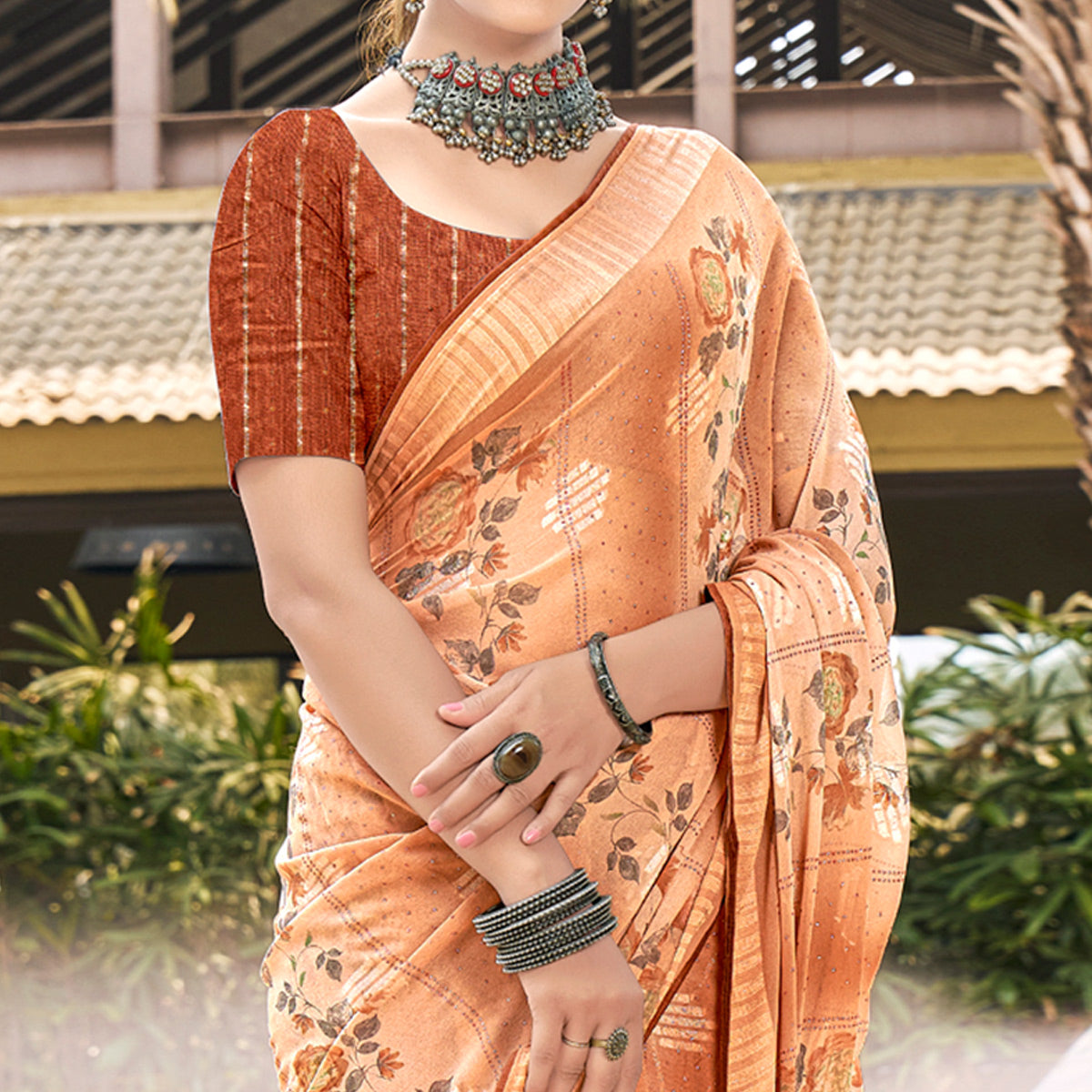 Rust Printed Georgette Saree With Swarovski Work