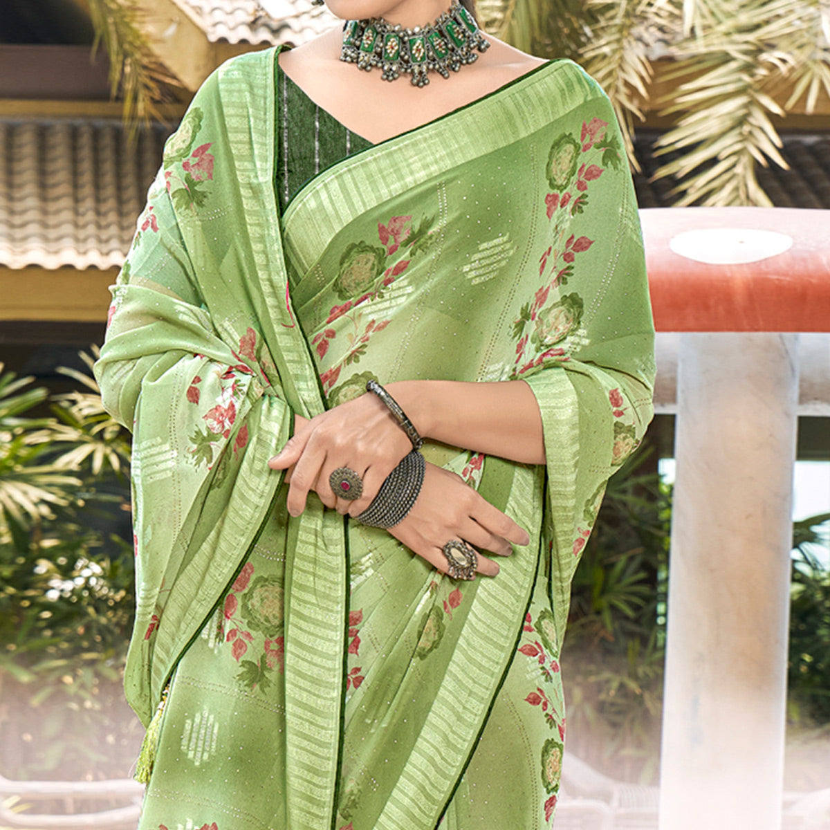 Green Printed Georgette Saree With Swarovski Work