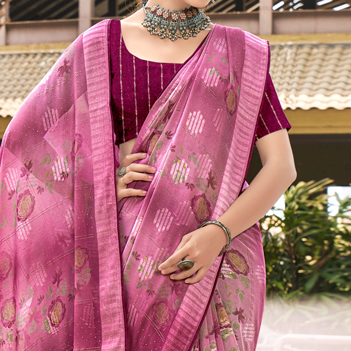 Pink Printed Georgette Saree With Swarovski Work