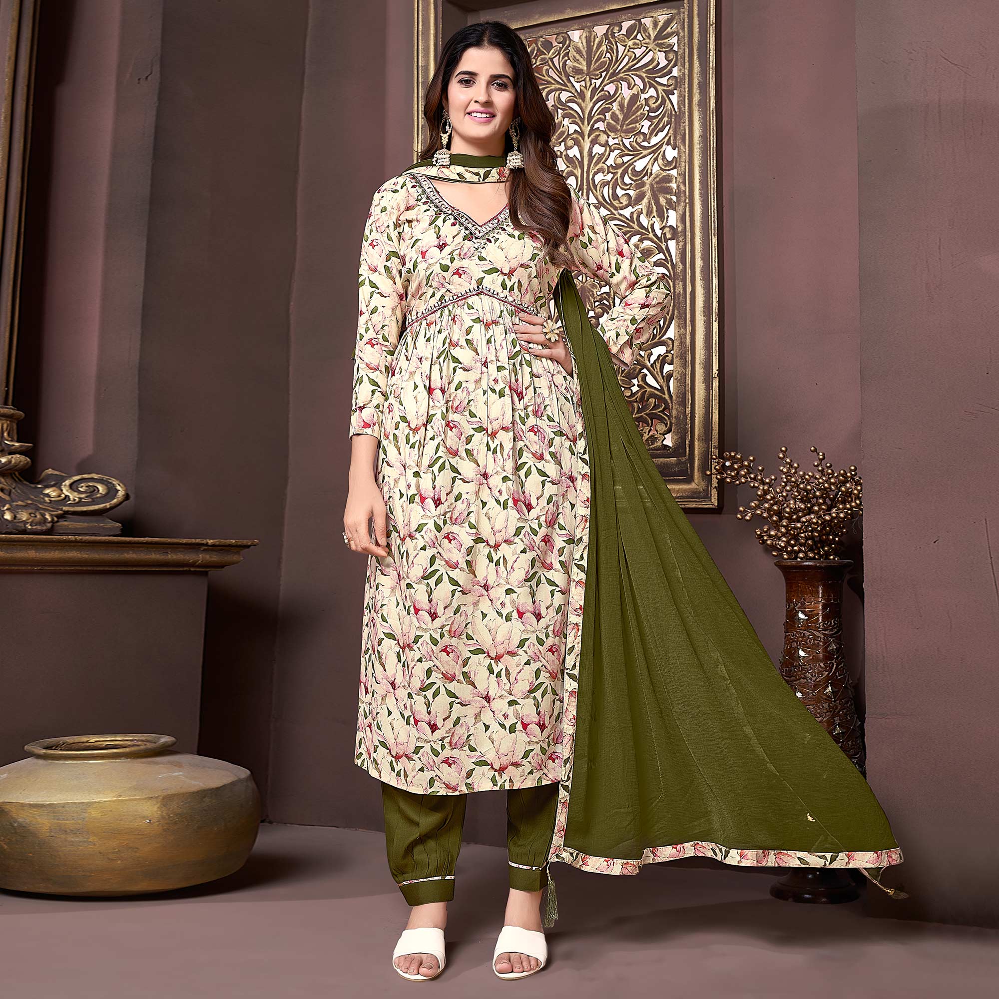 Beige & Green Floral Printed Rayon Alia Cut Salwar Suit