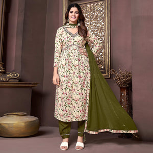 Beige & Green Floral Printed Rayon Alia Cut Salwar Suit