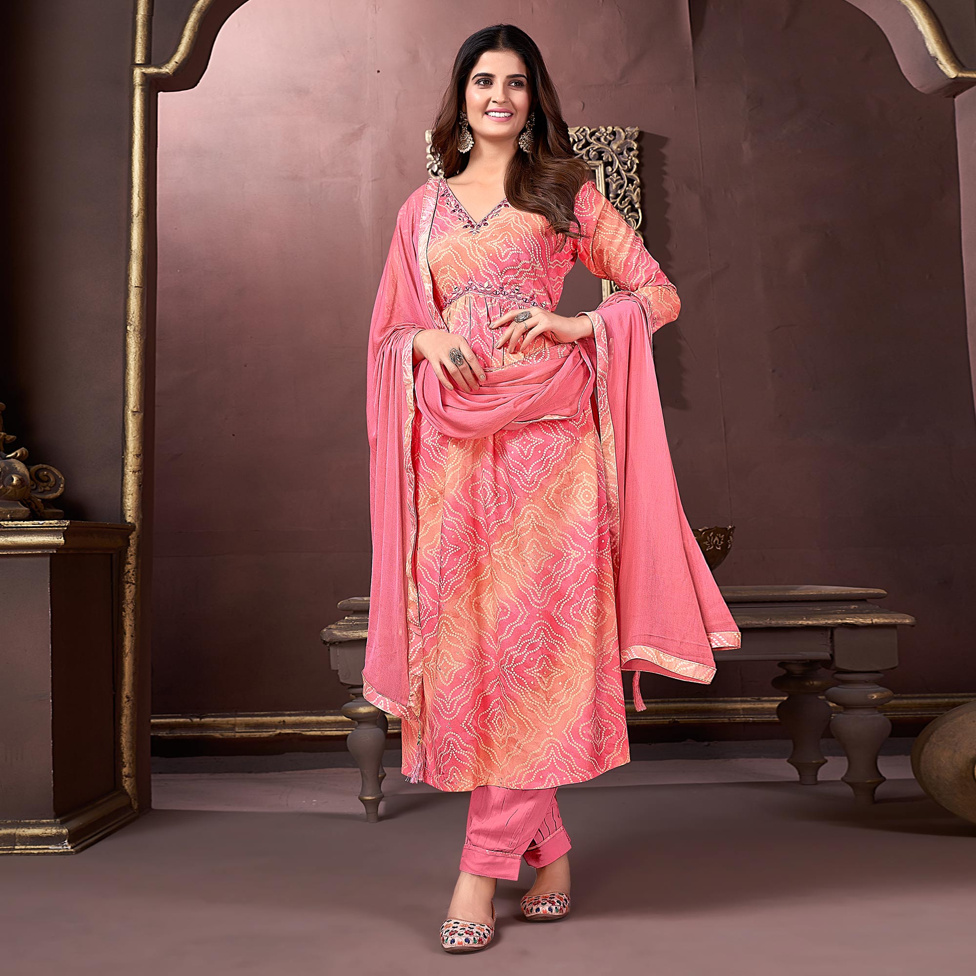 Pink & Peach Floral Printed Rayon Alia Cut Salwar Suit