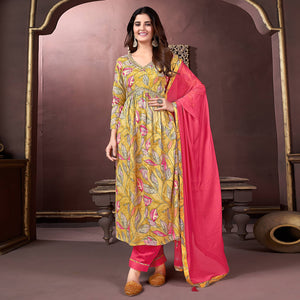 Mustard Floral Printed Rayon Alia Cut Salwar Suit