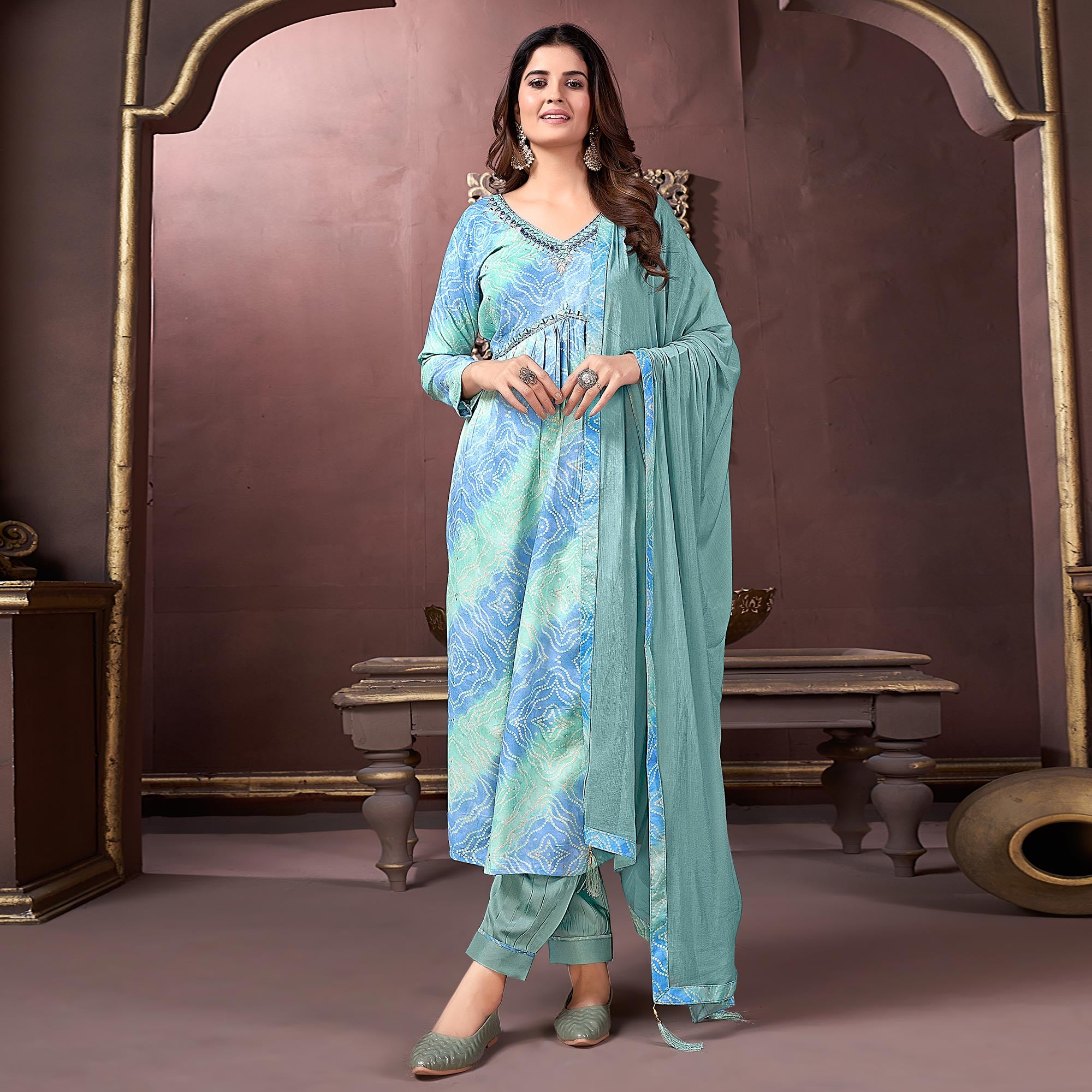 Turquoise & Blue Floral Printed Rayon Alia Cut Salwar Suit