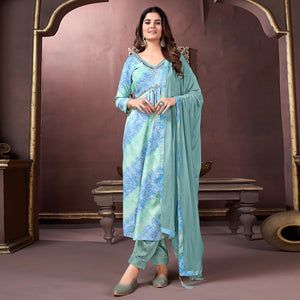 Turquoise & Blue Floral Printed Rayon Alia Cut Salwar Suit