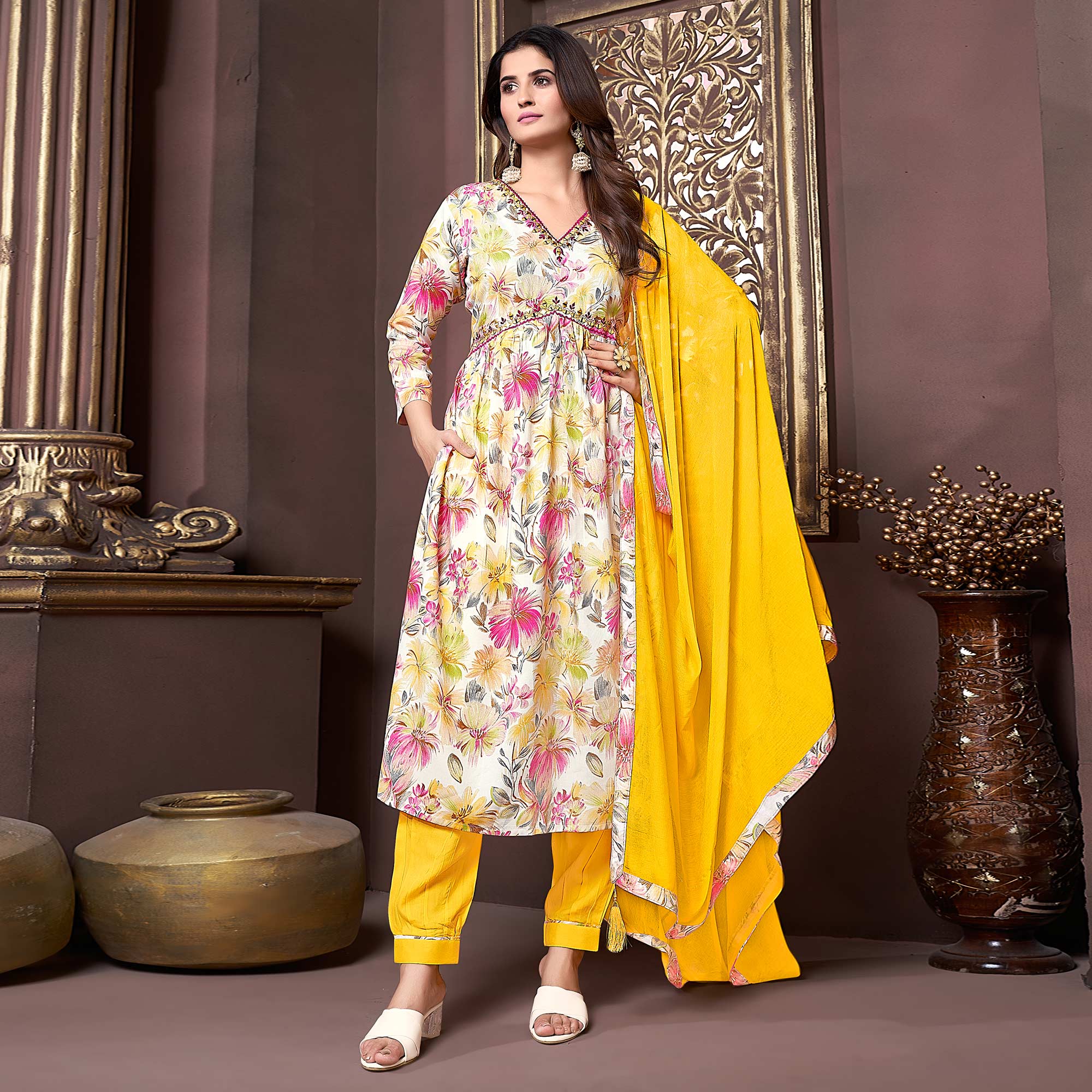 Off White Floral Printed Rayon Alia Cut Salwar Suit