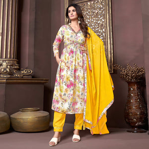 Off White Floral Printed Rayon Alia Cut Salwar Suit