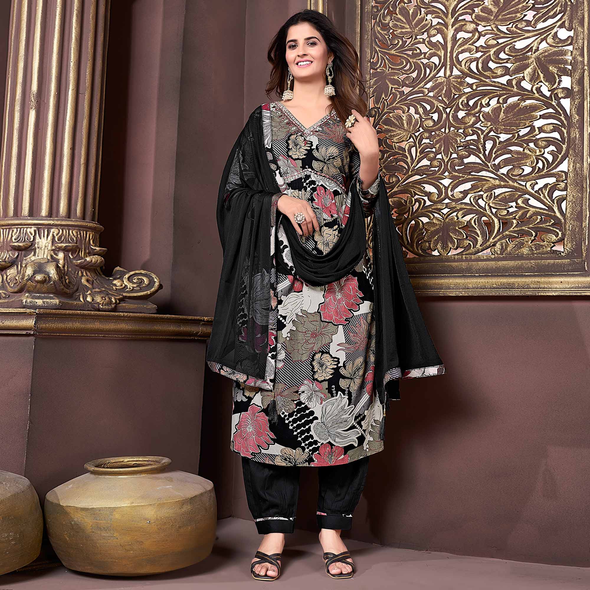 Black Floral Printed Rayon Alia Cut Salwar Suit