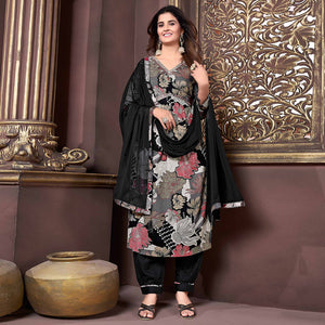 Black Floral Printed Rayon Alia Cut Salwar Suit