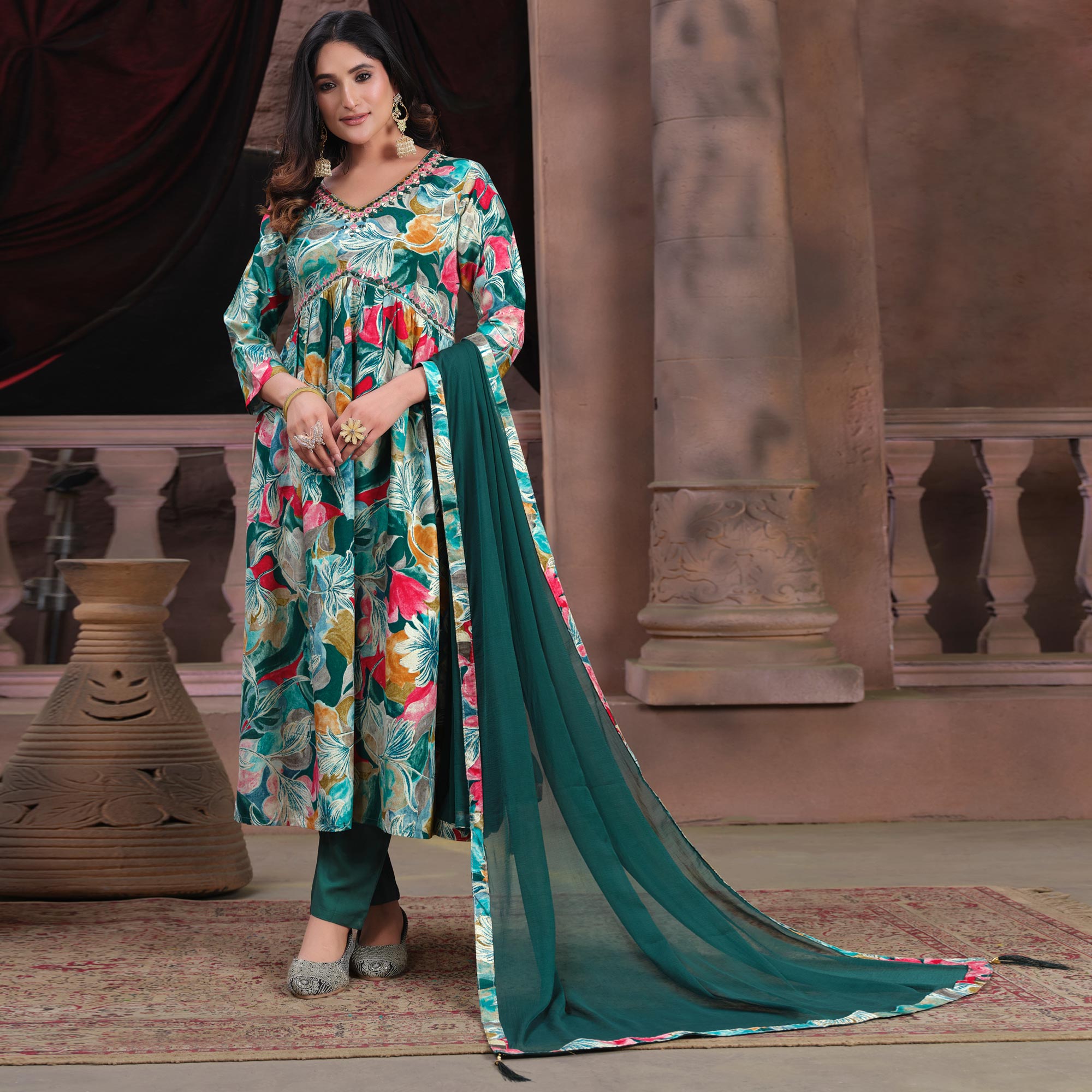 Green Floral Printed Rayon Alia Cut Salwar Suit