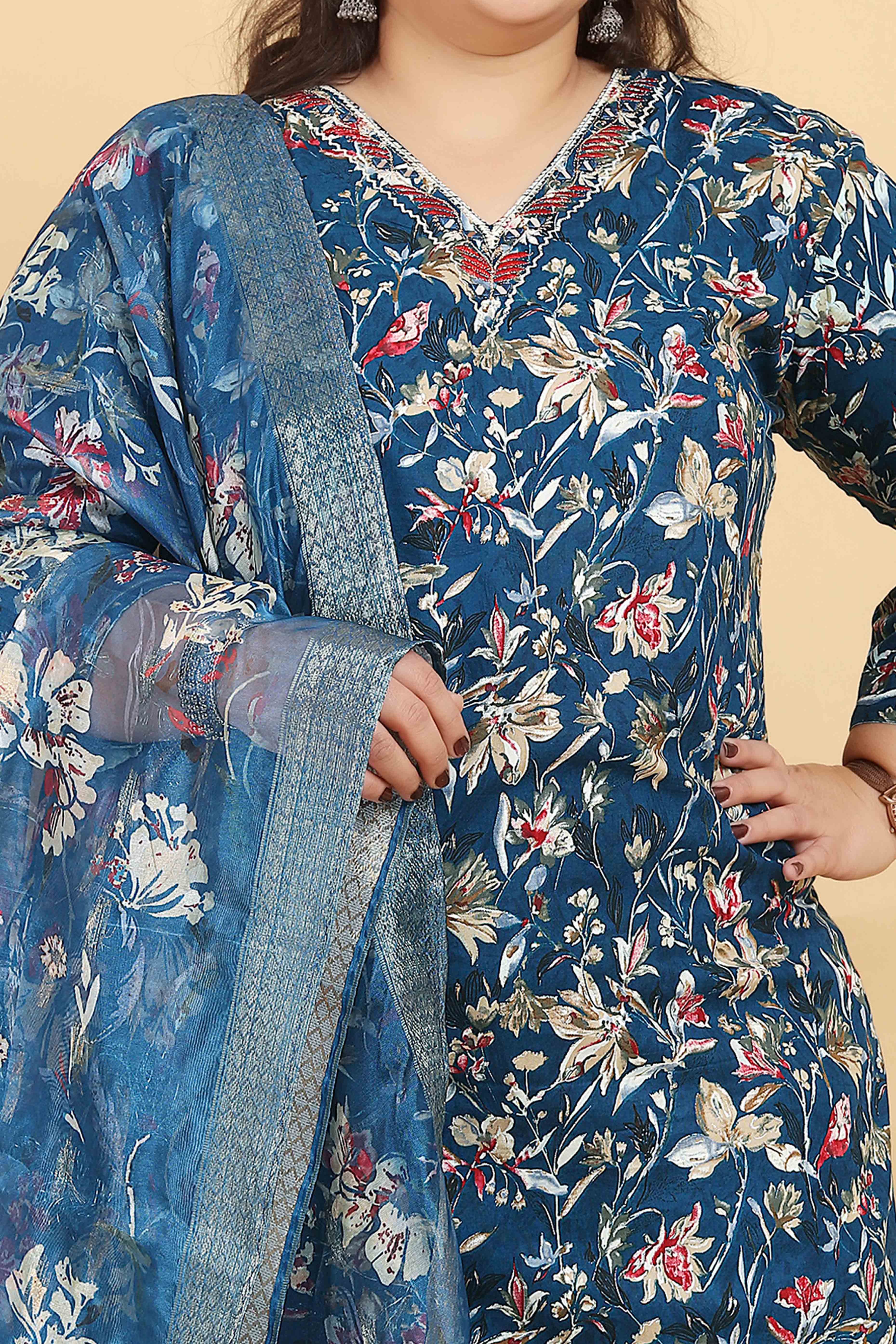 Blue Floral Foil Printed With Mirror Handwork Rayon Salwar Suit