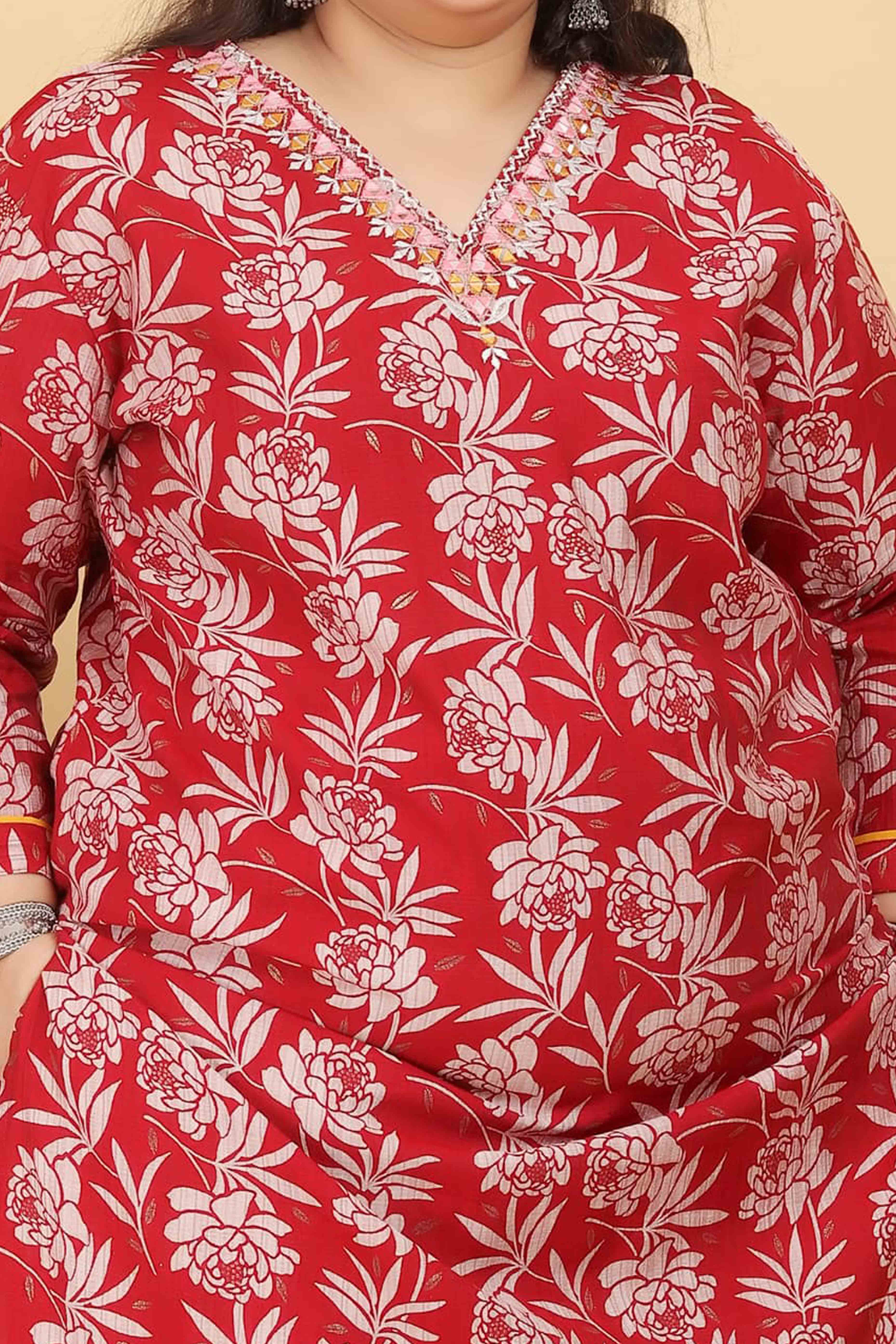 Red Floral Printed Viscose Straight Salwar Suit